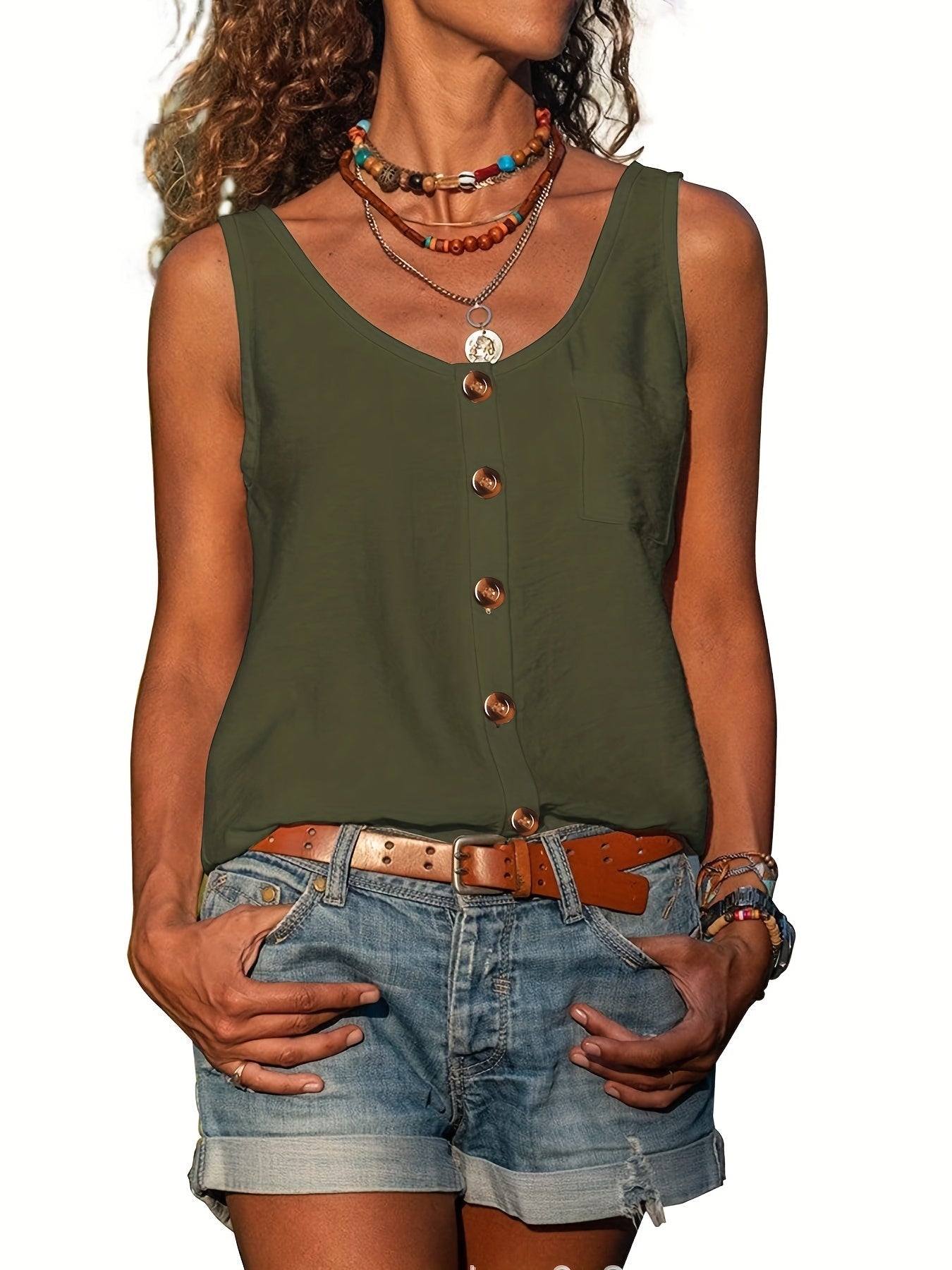 Button Front Scoop Neck Tank Top, Casual Summer Sleeveless Solid Tank Top