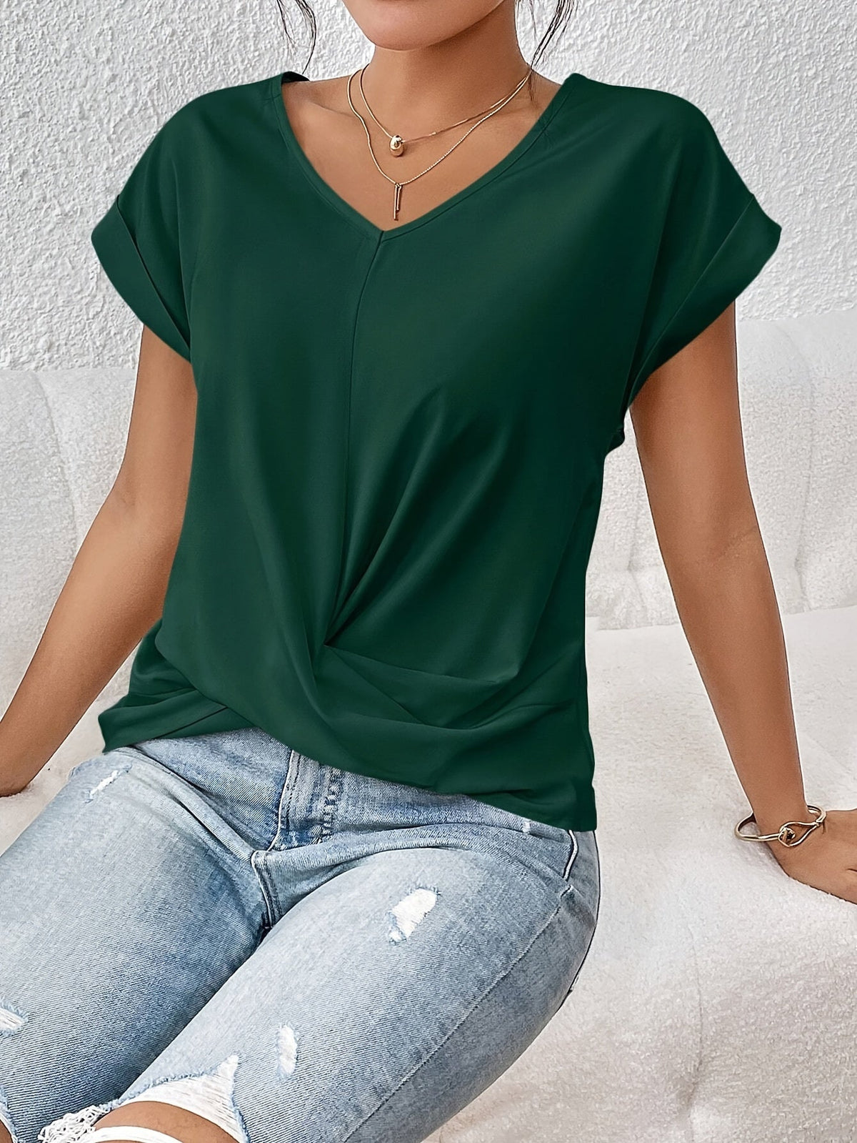 Women's Knot V Neck T-Shirt - Casual Short Sleeve Top