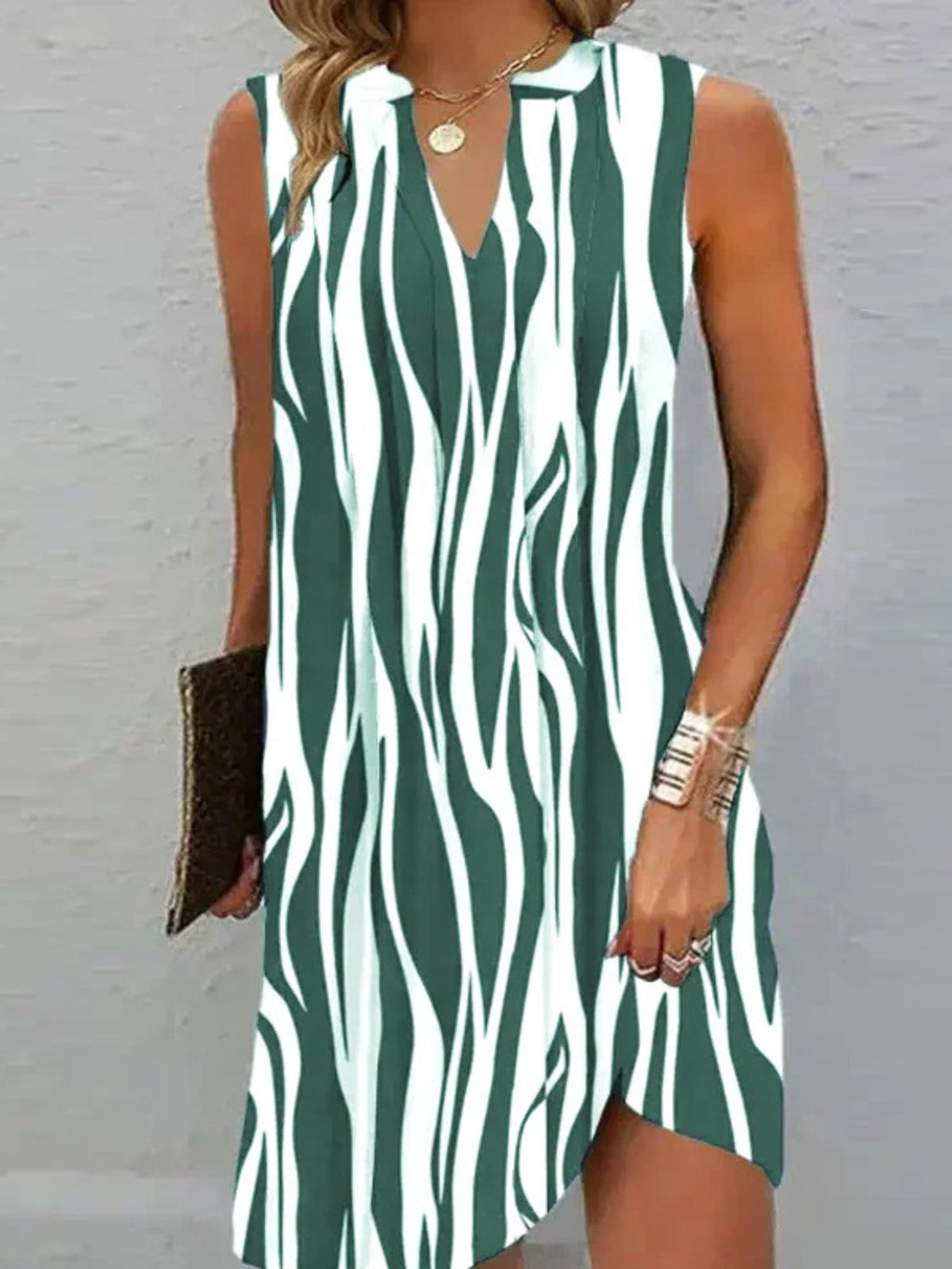 Abstract Ripple Print Dress, Casual V Neck Sleeveless Dress