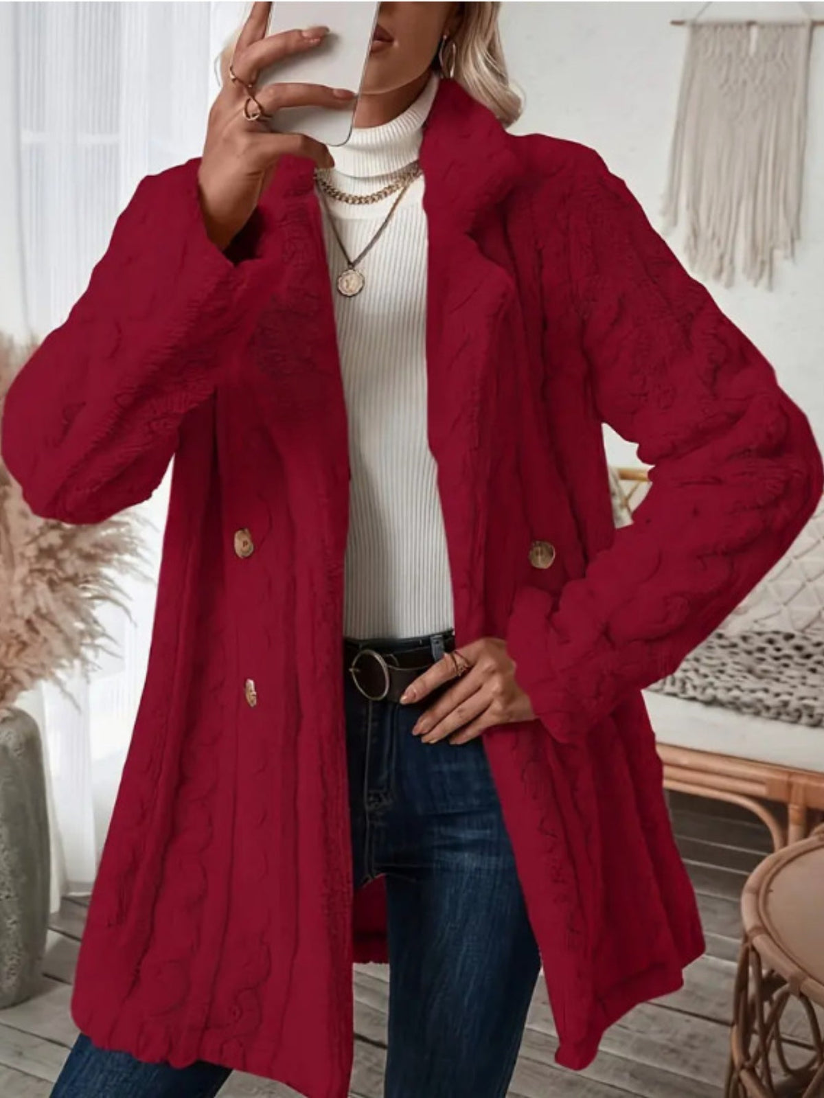 Double Breasted Lapel Teddy Coat, Versatile Long Sleeve Textured Thermal Winter Outerwear