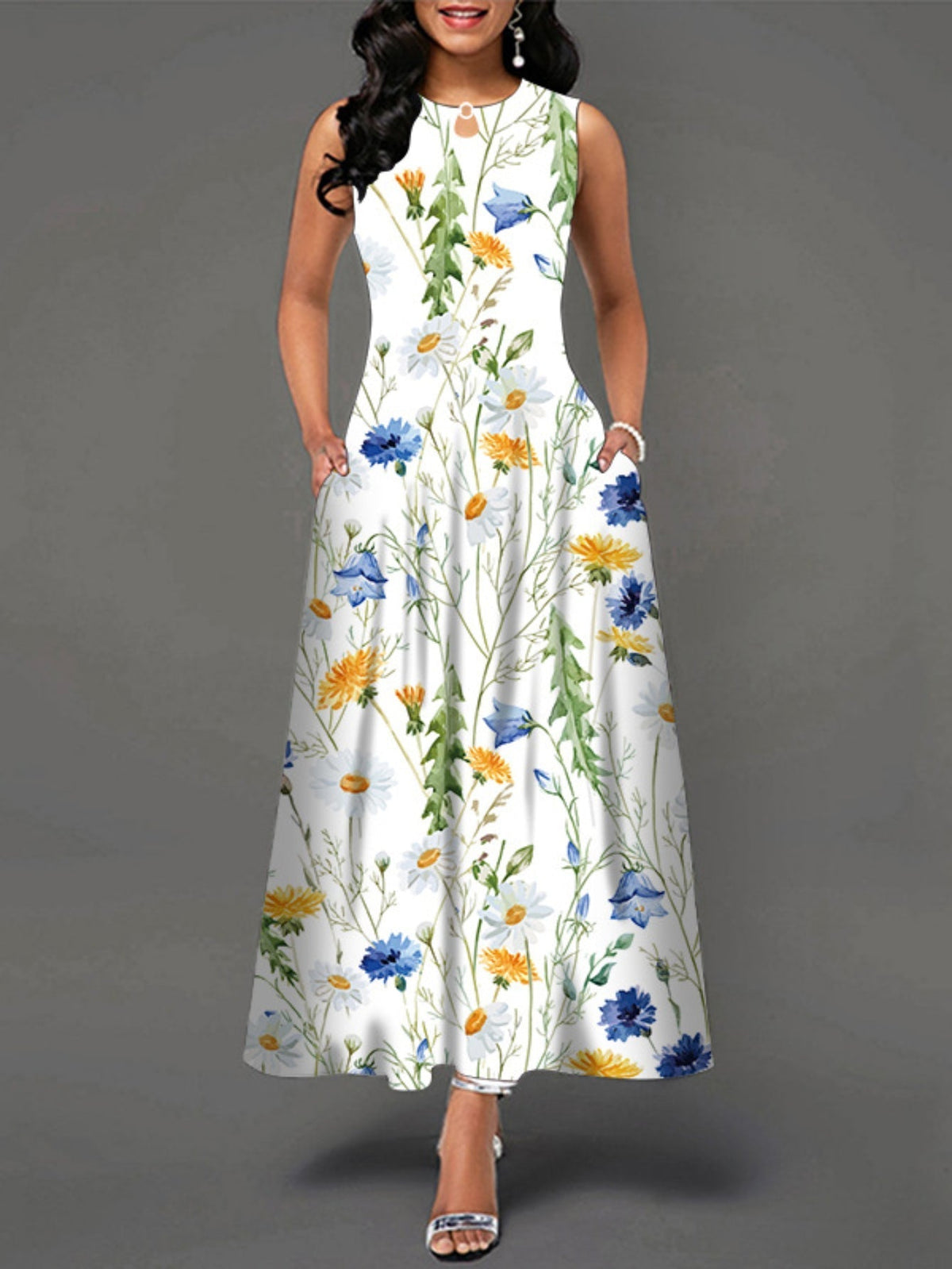 Casual Tank Dress, Colorblock Floral Print Cut Out Round Neck Medium Stretch Maxi Tank Dress