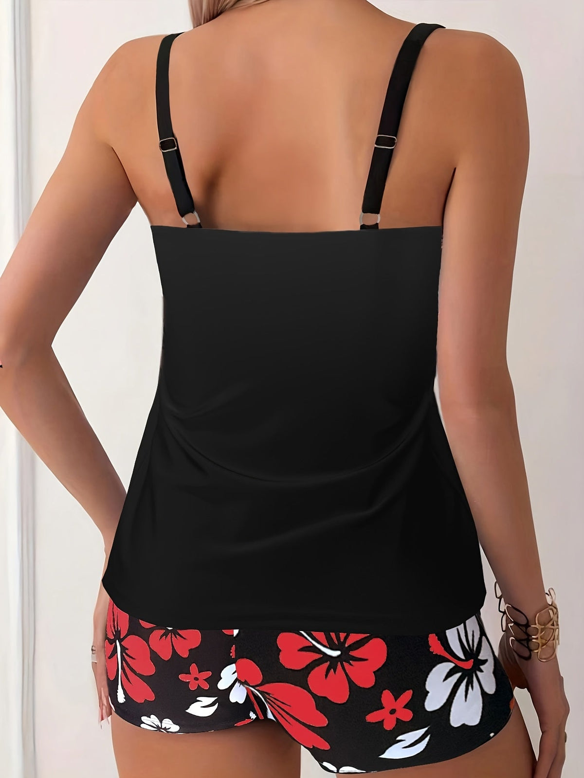 2pcs Elegant Black Tropical Print Stretchy Tankini Set - Ruched Sleeveless Top