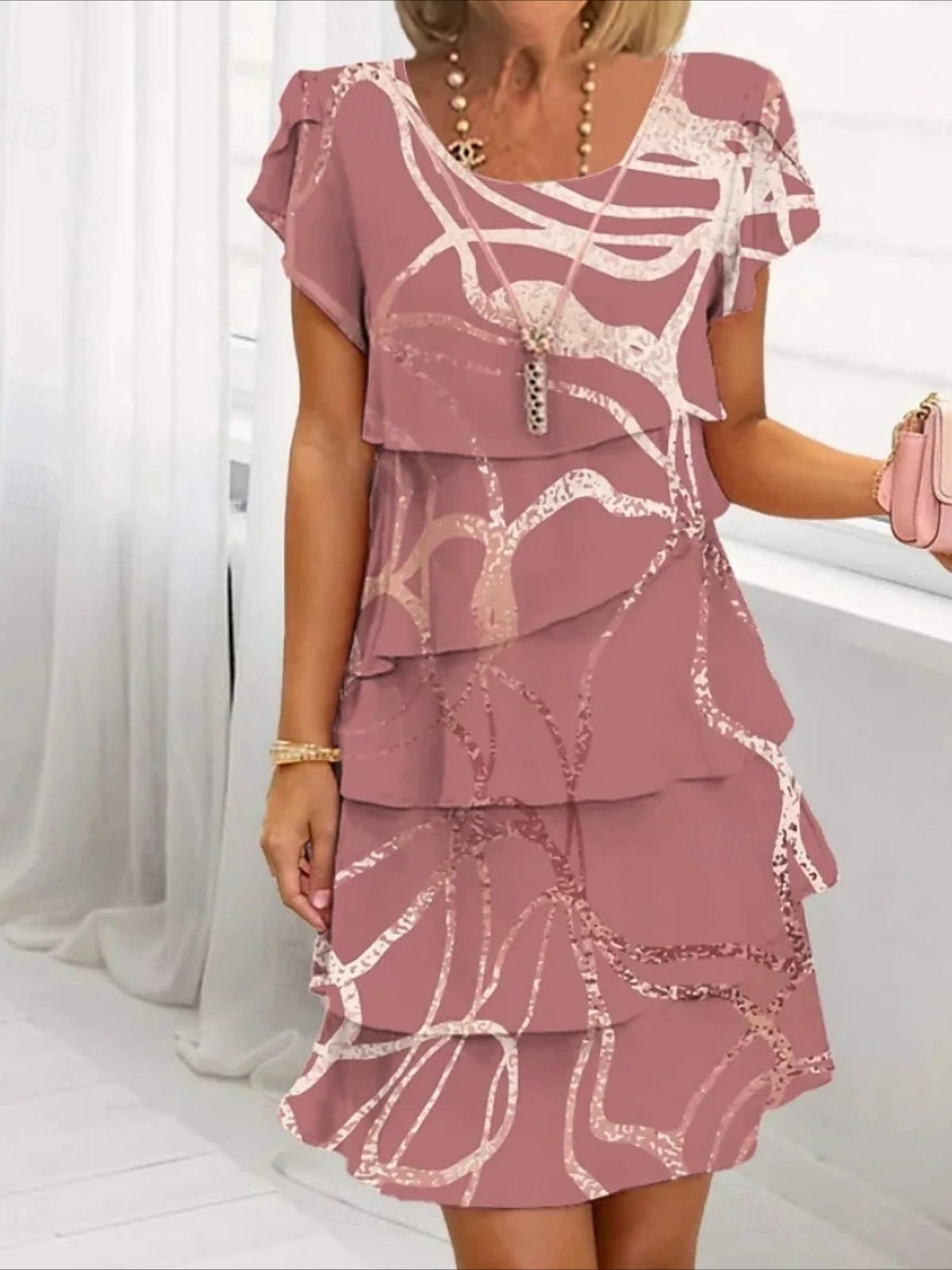 Elegant Daily Regular Fit Floral Geometric Short Sleeve Crew Neck Midi Dress