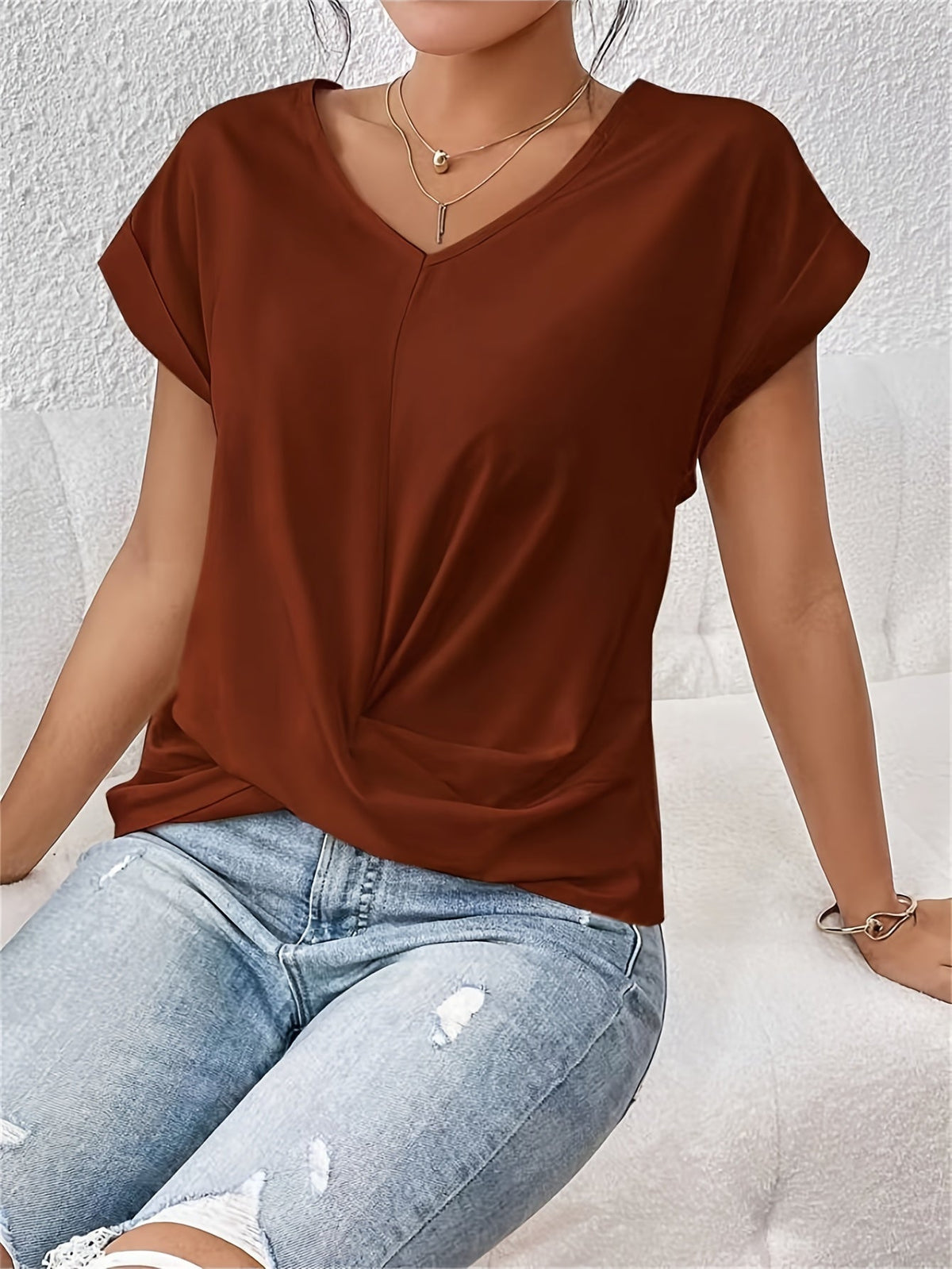 Women's Knot V Neck T-Shirt - Casual Short Sleeve Top