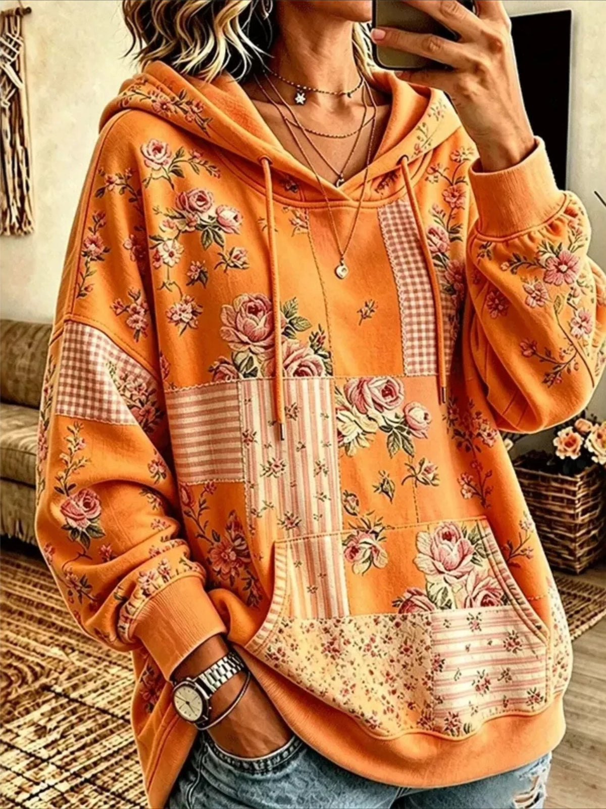 Drawstring Floral Printing Dropped Shoulder Hoodie