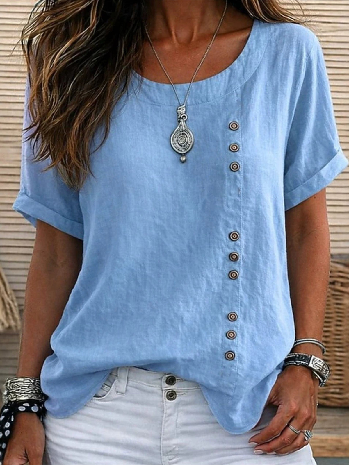 Cotton Linen TButtons Plain Fashion Stylish Classic Short Sleeve Crew Neck Regular Tops