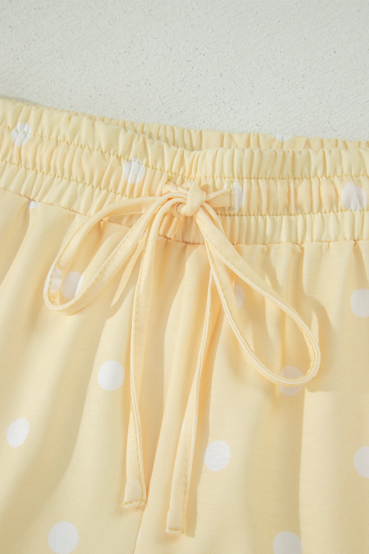 Yellow Polka Dot Short Sleeve Loose Top Drawstring Shorts Set