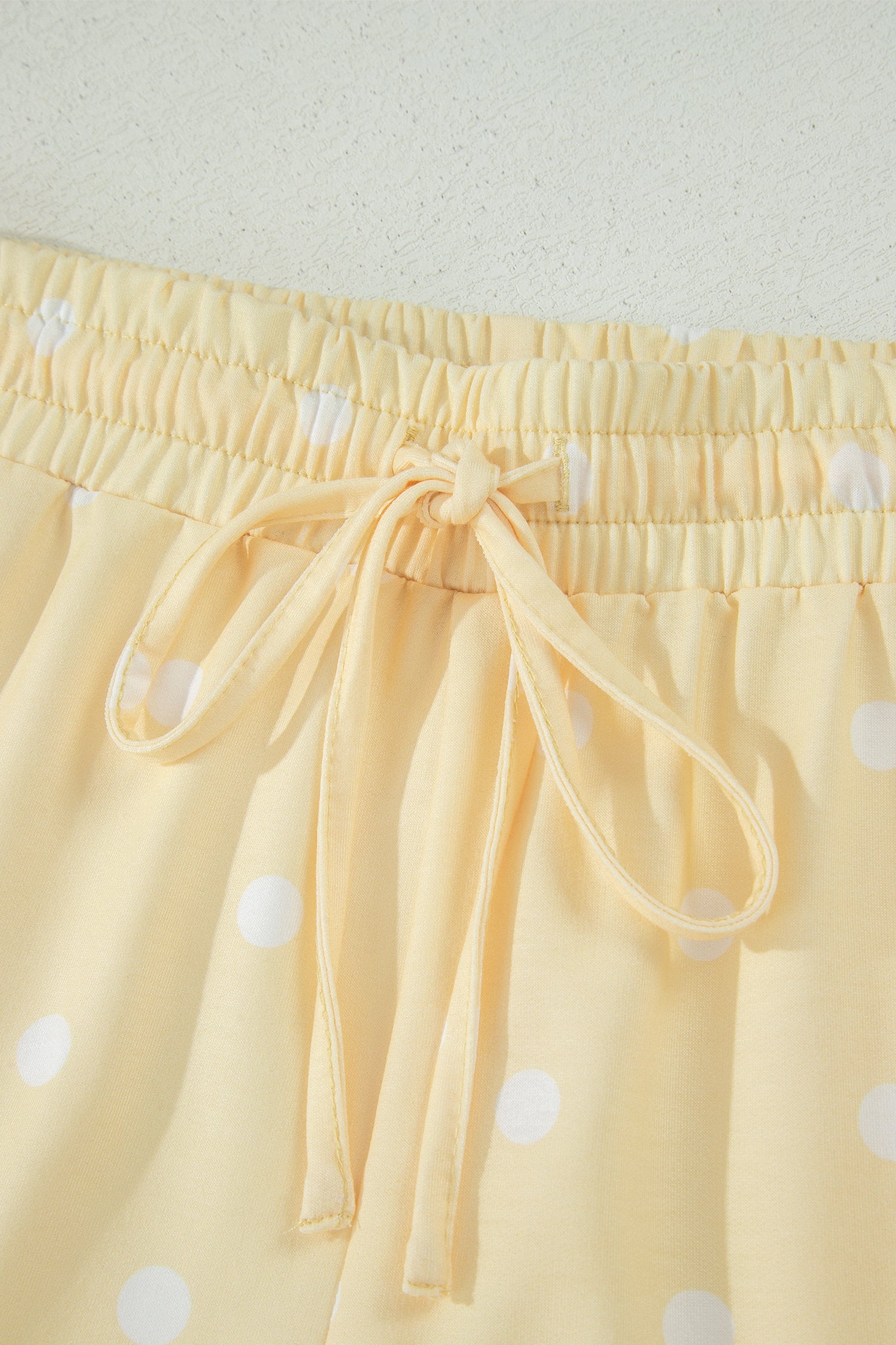 Yellow Polka Dot Short Sleeve Loose Top Drawstring Shorts Set