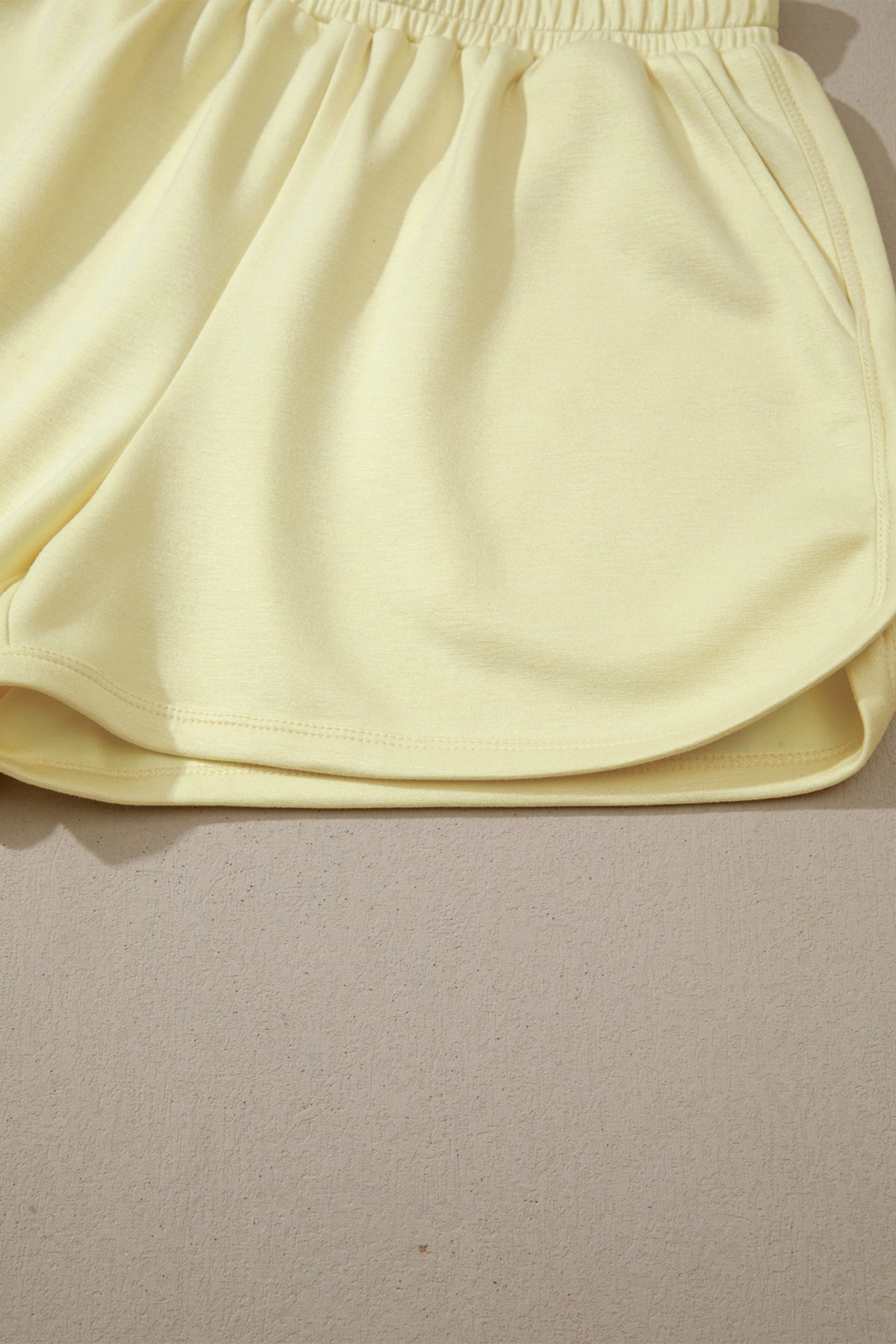 Yellow Cream Solid Color Exposed Seam Mock Neck Oversize Tee Casual Shorts 2pcs Outfit