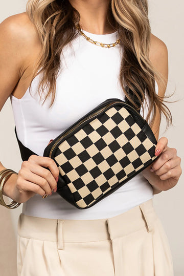 Black Faux Leather Checkered Patchwork Crossbody Waist Bag