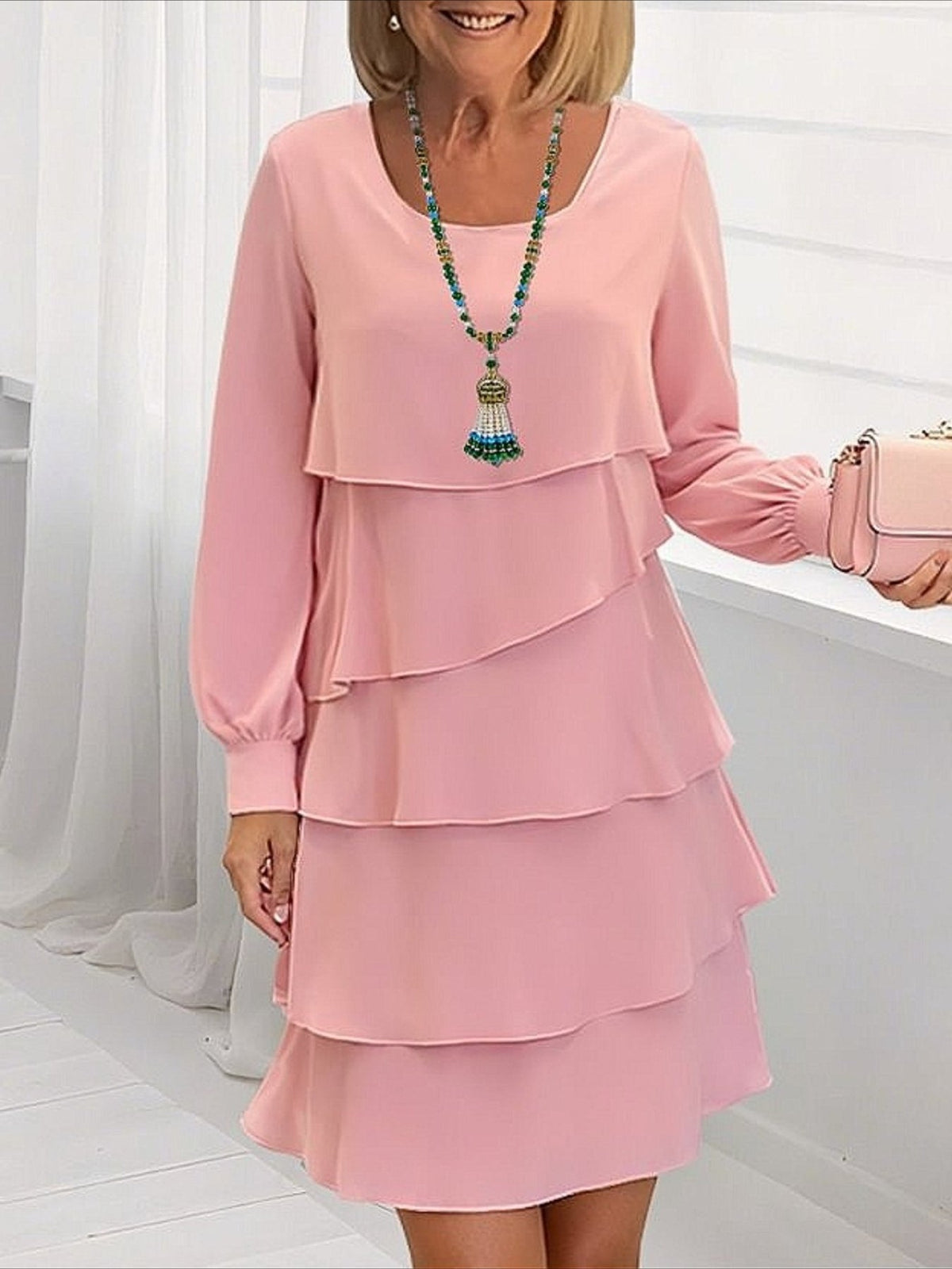 Elegant Round Neck Flared Hem Long Sleeves Tiered Midi Dress