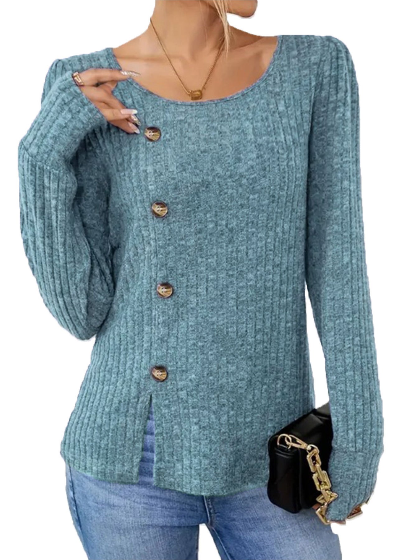 Long Sleeve Crew Neck Split T-Shirt  - Soft Mid-Elasticity Polyester Fabric, Machine Washable, Solid Color, Pullover Design