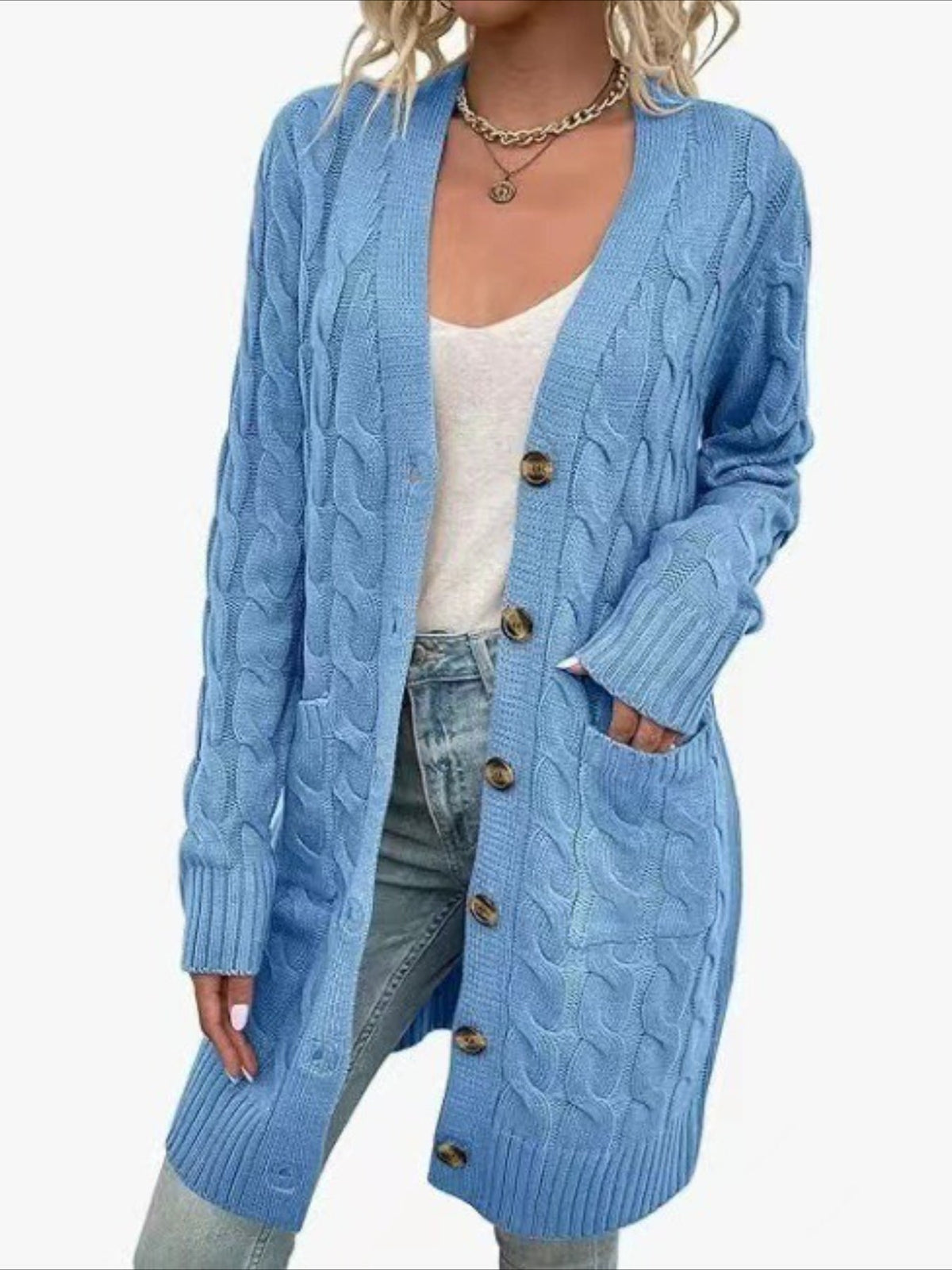 Elegant Long Nylon Soft Warm V-Neck Long Sleeves Sweater with Button Front
