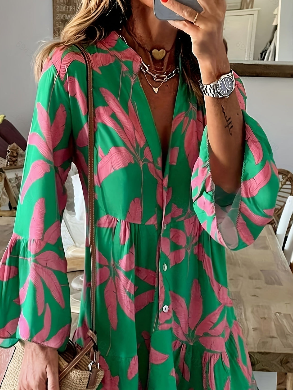 Leaves Print Tiered Long Sleeve Dress