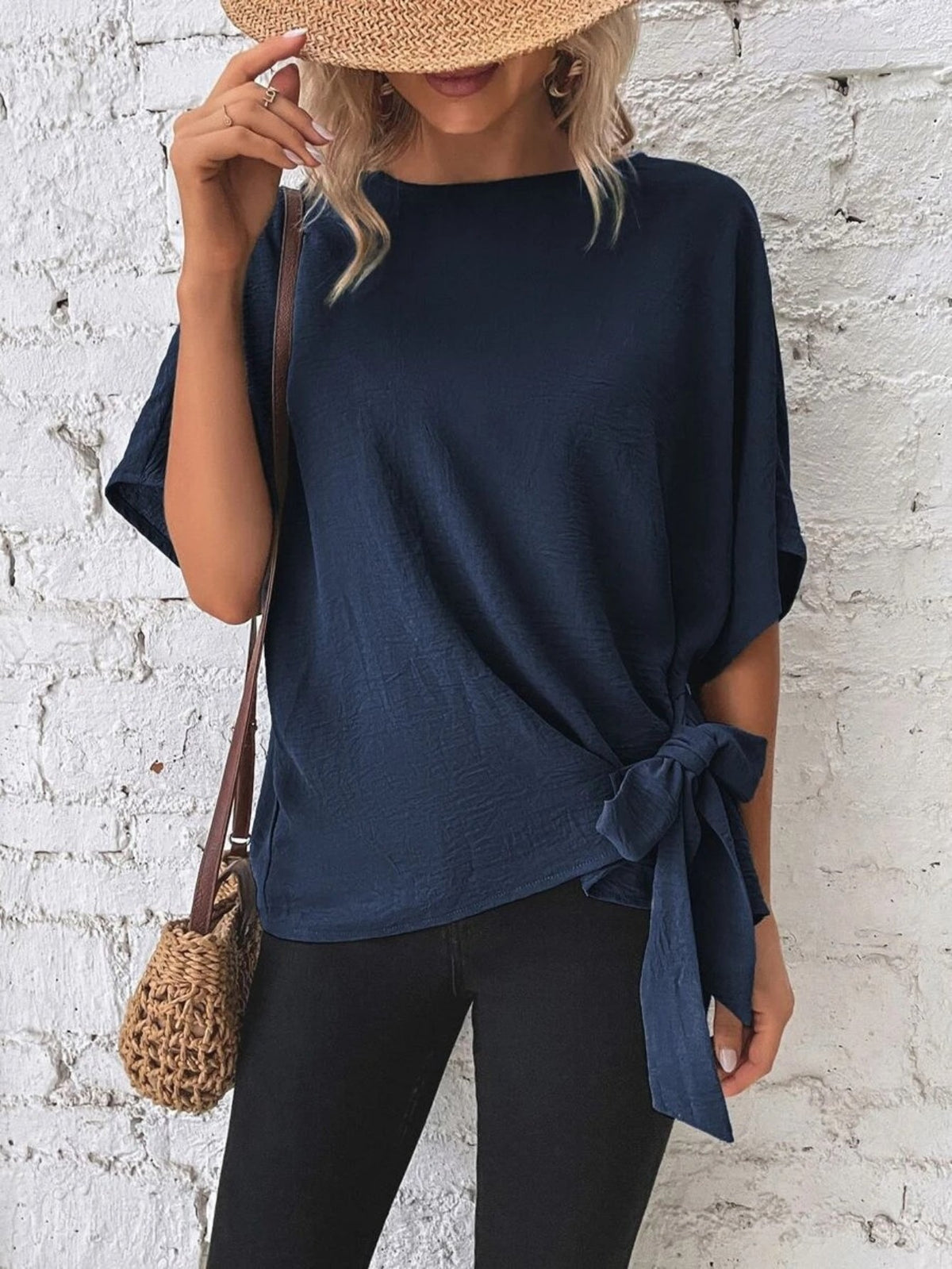 Stylish Solid Knotted Blouse - Comfortable Casual Crew Neck Asymmetrical Top