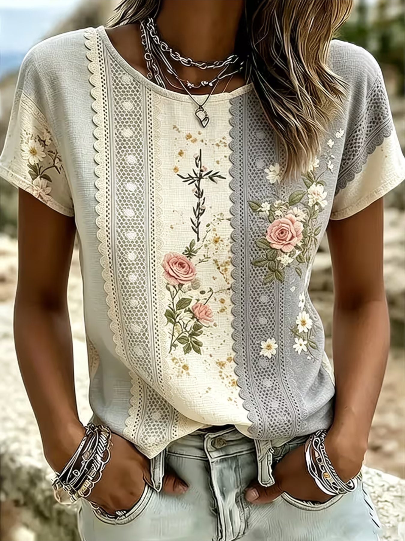 Floral Print Short Sleeve Crew Neck Top with Patchwork Blouse Style