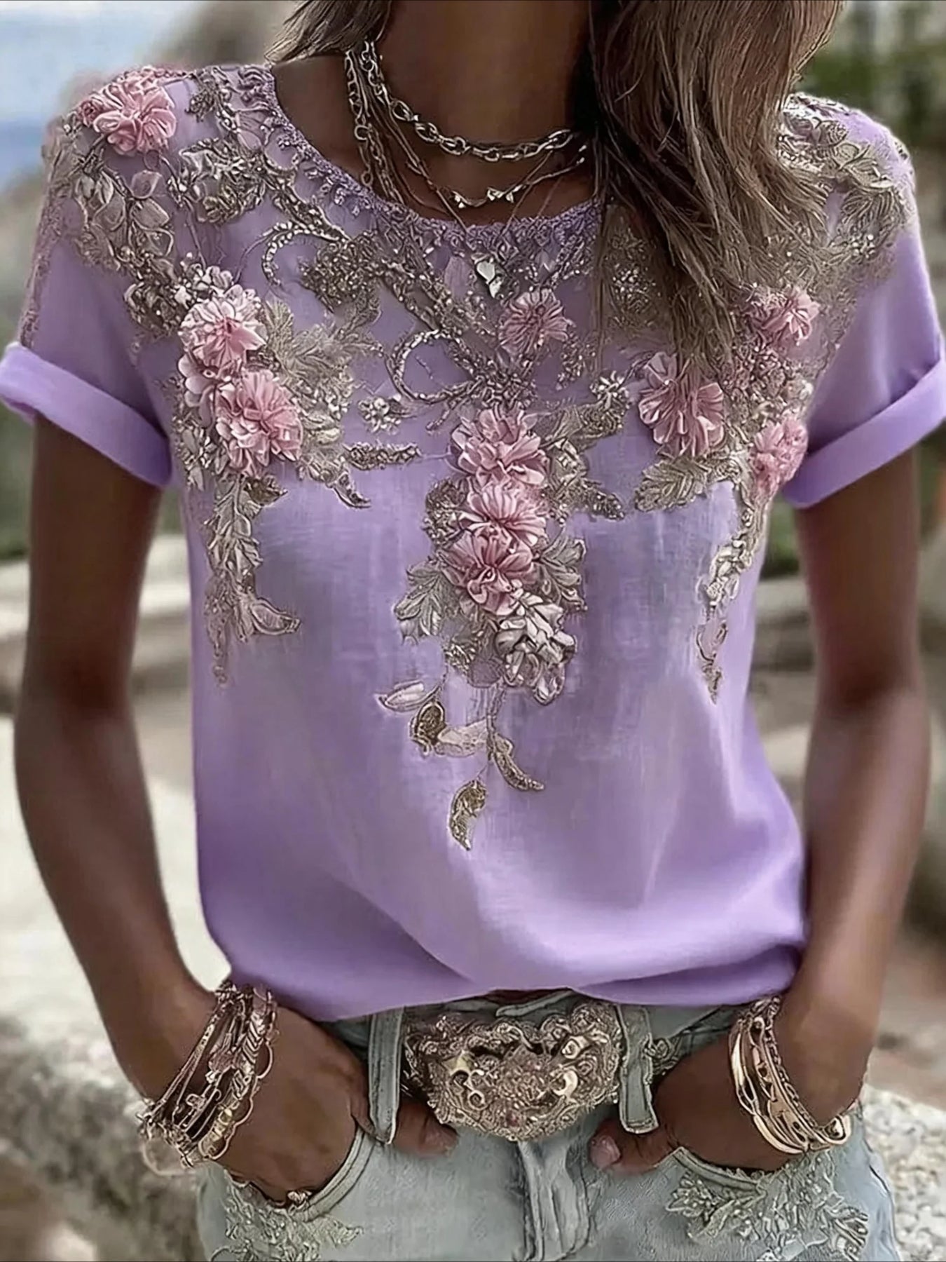 Floral Print Short Sleeve Crew Neck Top with Patchwork Blouse Style