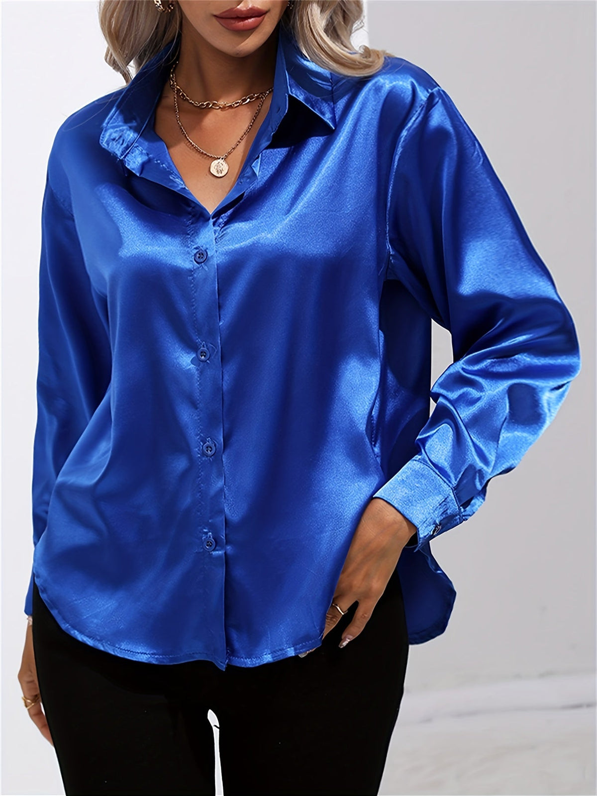 Lapel-collar Satin-satin-faux Silk Long-sleeved Shirt