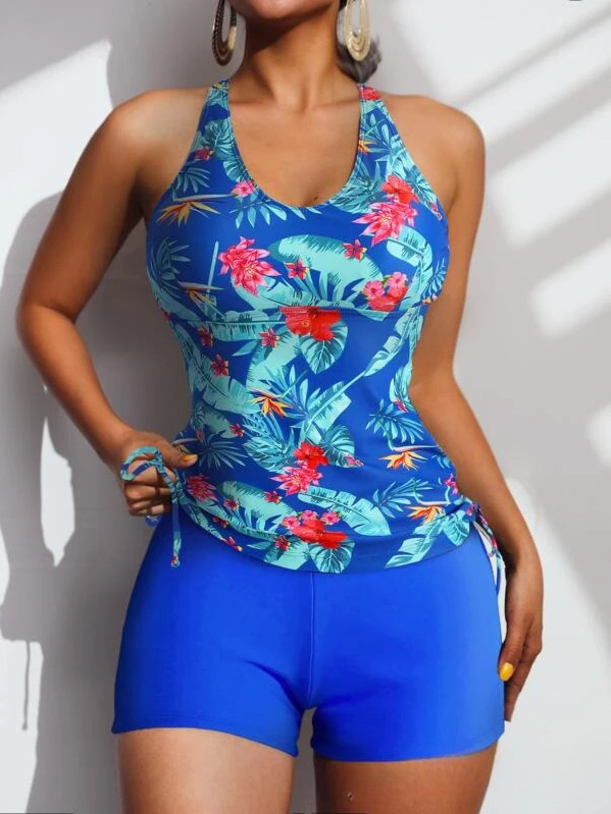 Tropical Print Round Neck Tankini Sets, Drawstring Straps Boxer Short Bottom Two Pieces Swimsuit