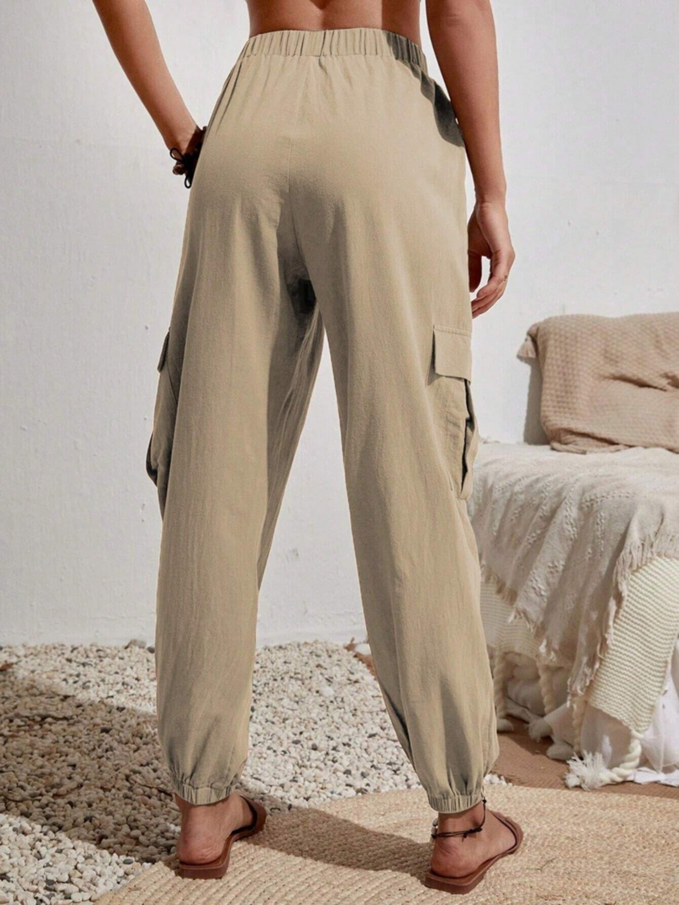 Solid Drawstring Pants, Casual Slant Pockets Cargo Pants