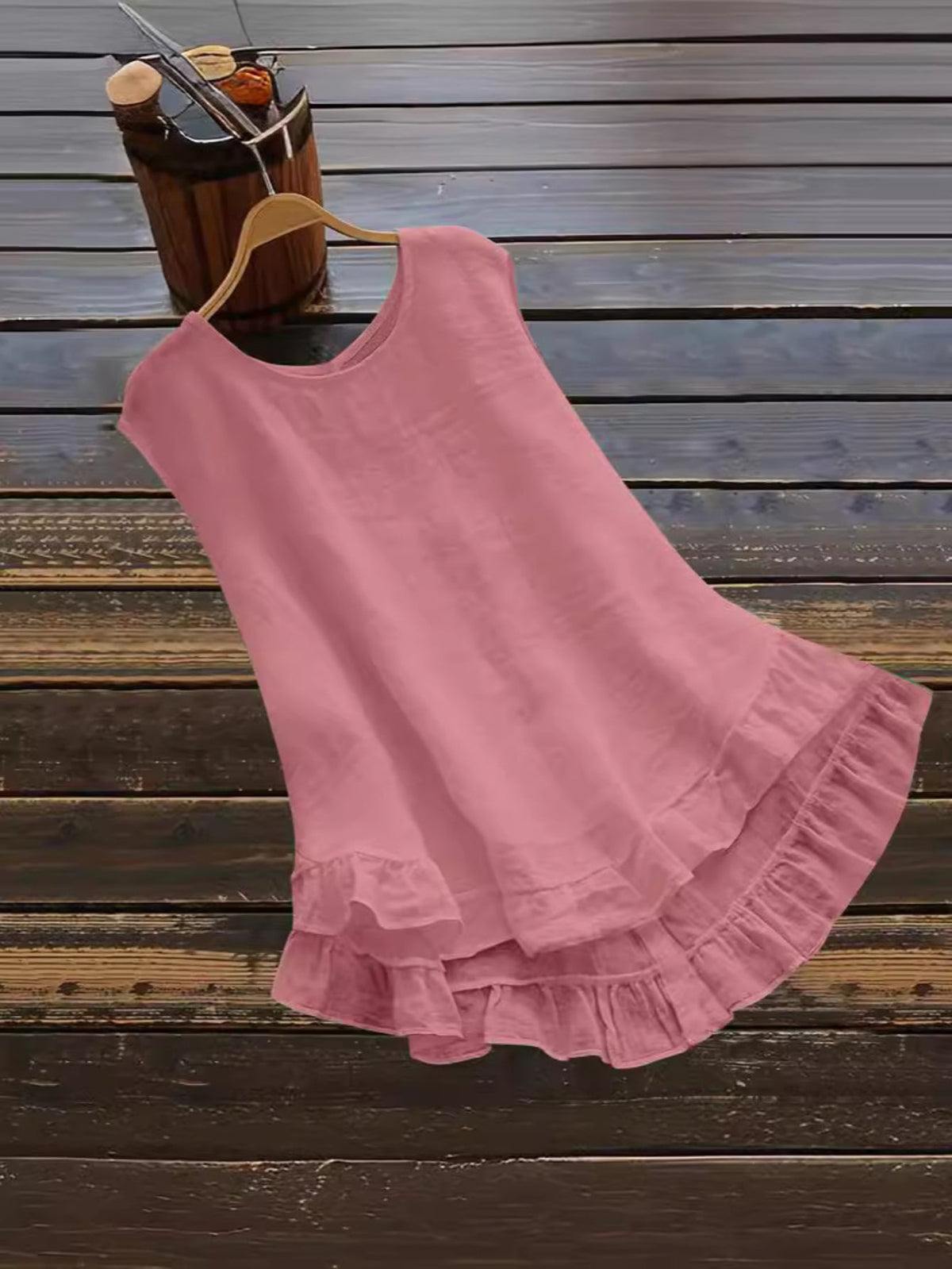 Solid Color Blouse with Button Back Detail, Chic Crew Neck, and Ruffle Trim - Versatile Top for Casual or Formal Events