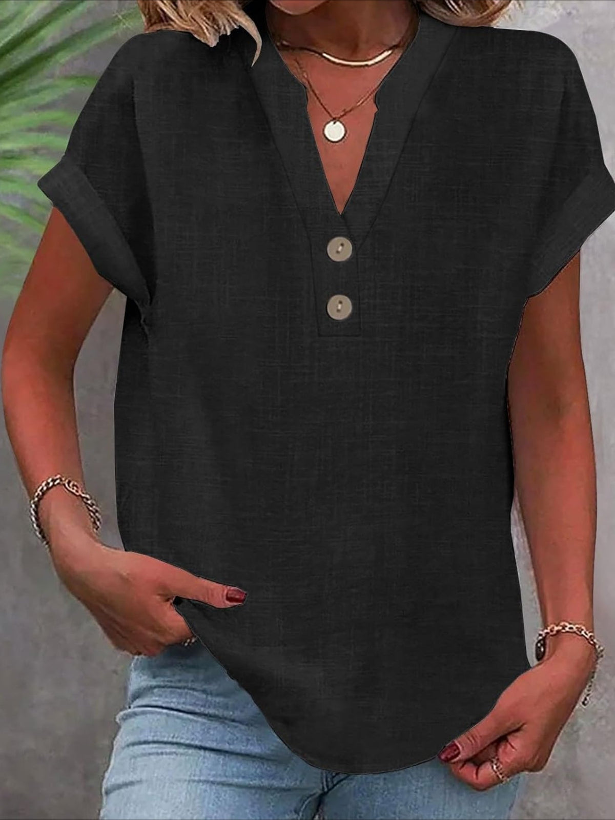 Solid Color V Neck Short Sleeve Button Down T Shirts
