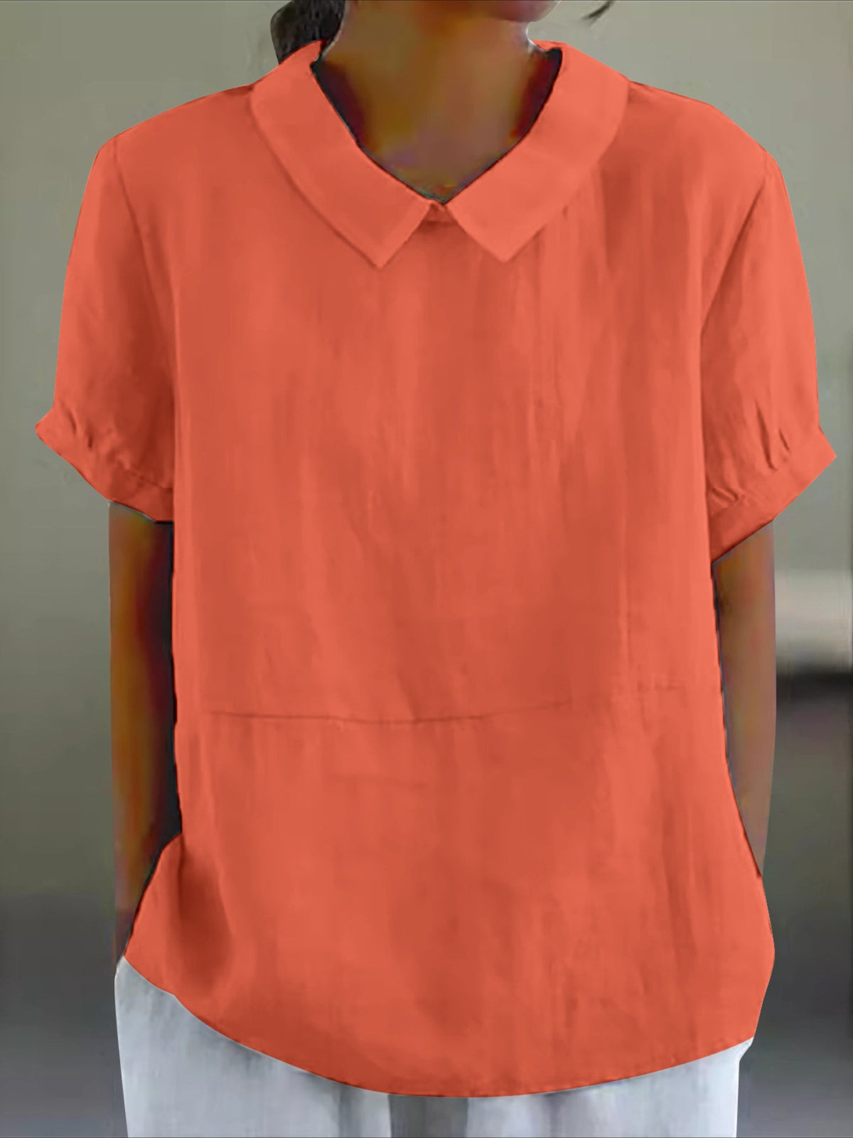 Solid Color Loose Lapel Short Sleeve Cotton Top