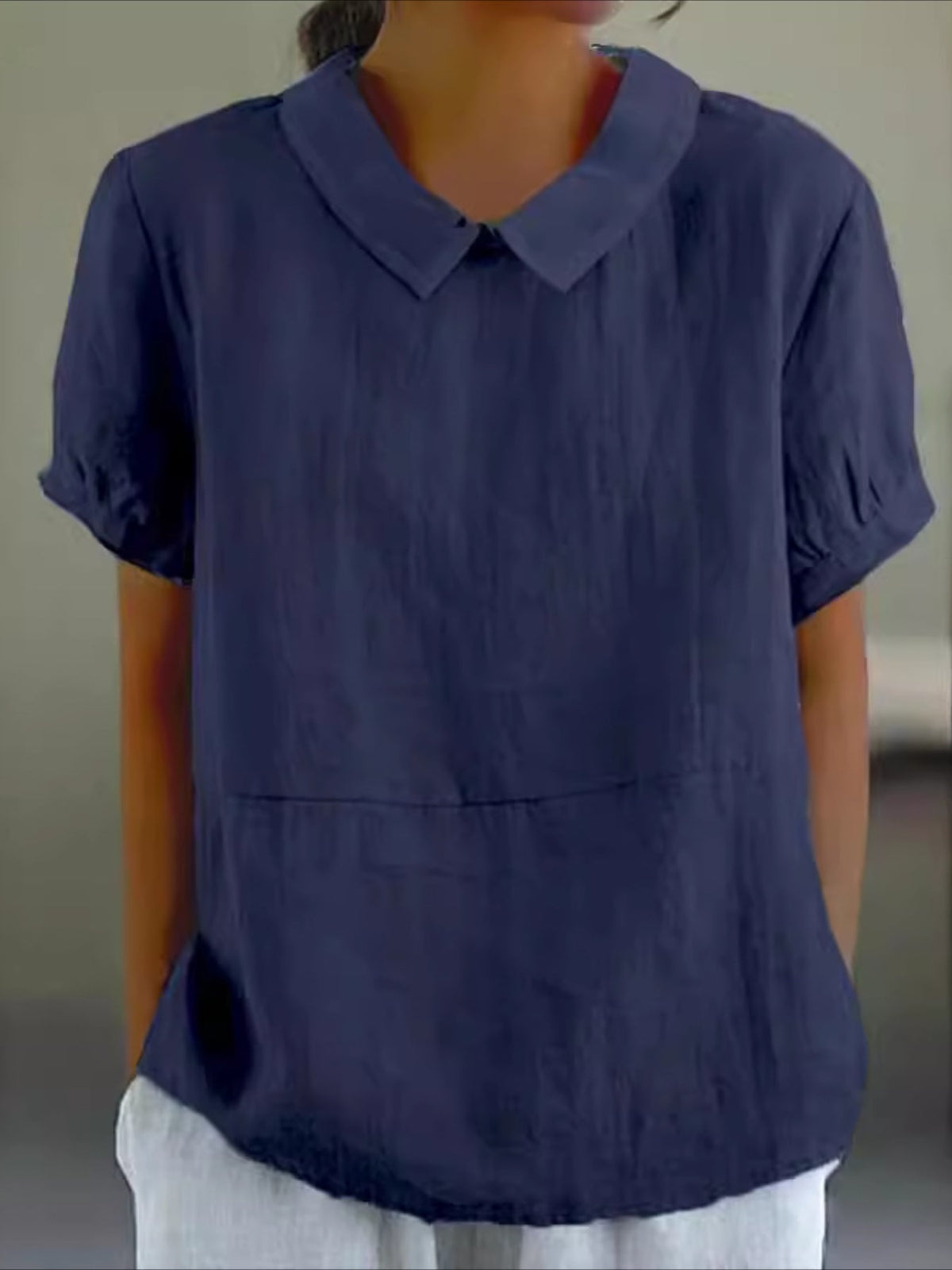 Solid Color Loose Lapel Short Sleeve Cotton Top