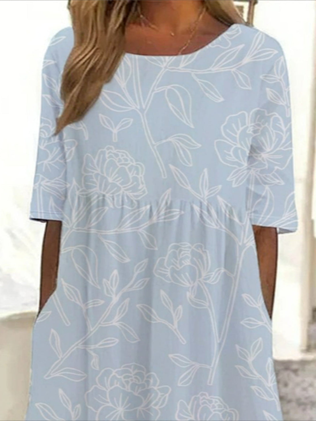 Floral Printing Crew Neck Short Sleeve H-Line Dress