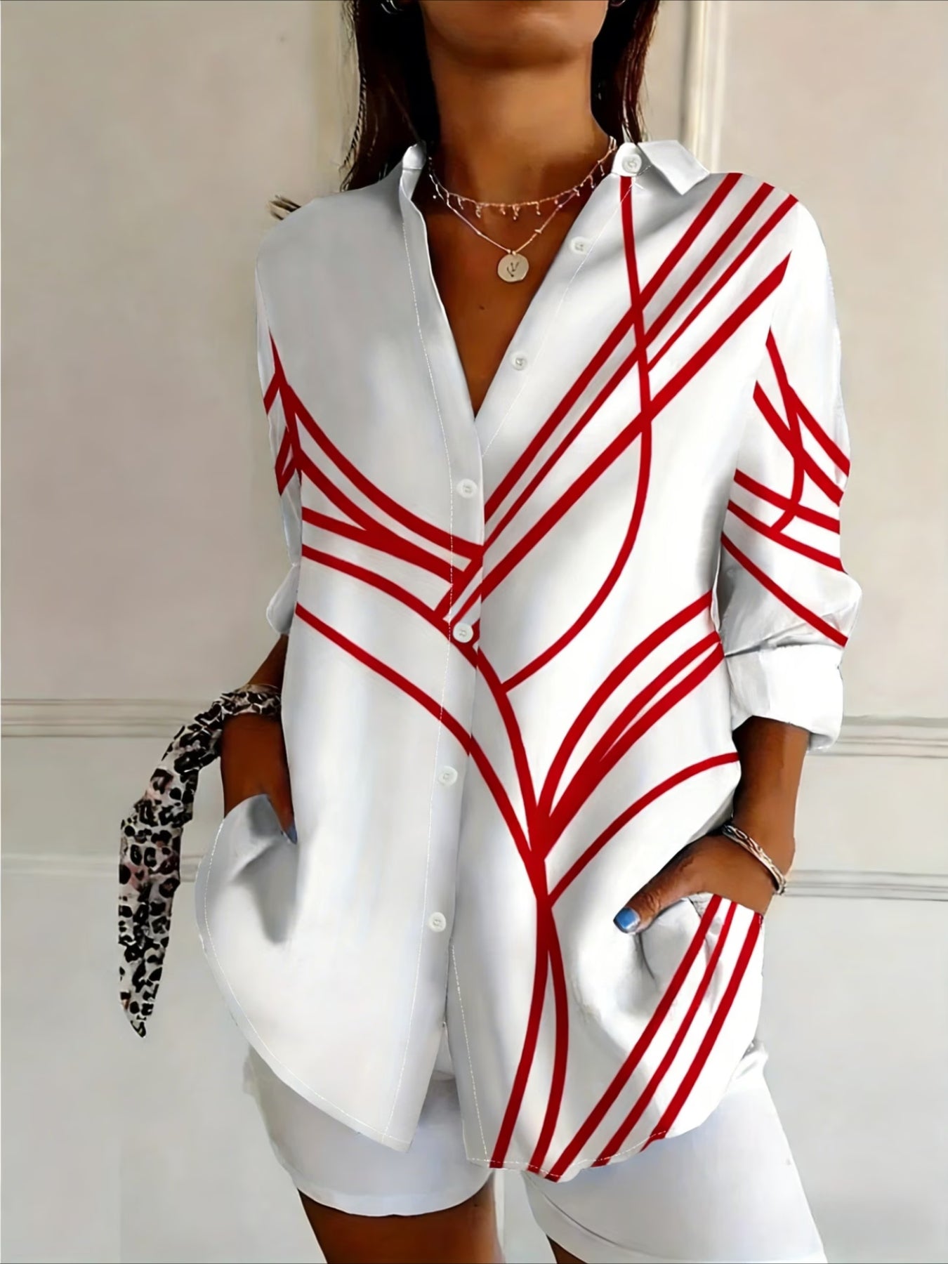 Casual Stripe Print Blouse with Lapel Collar