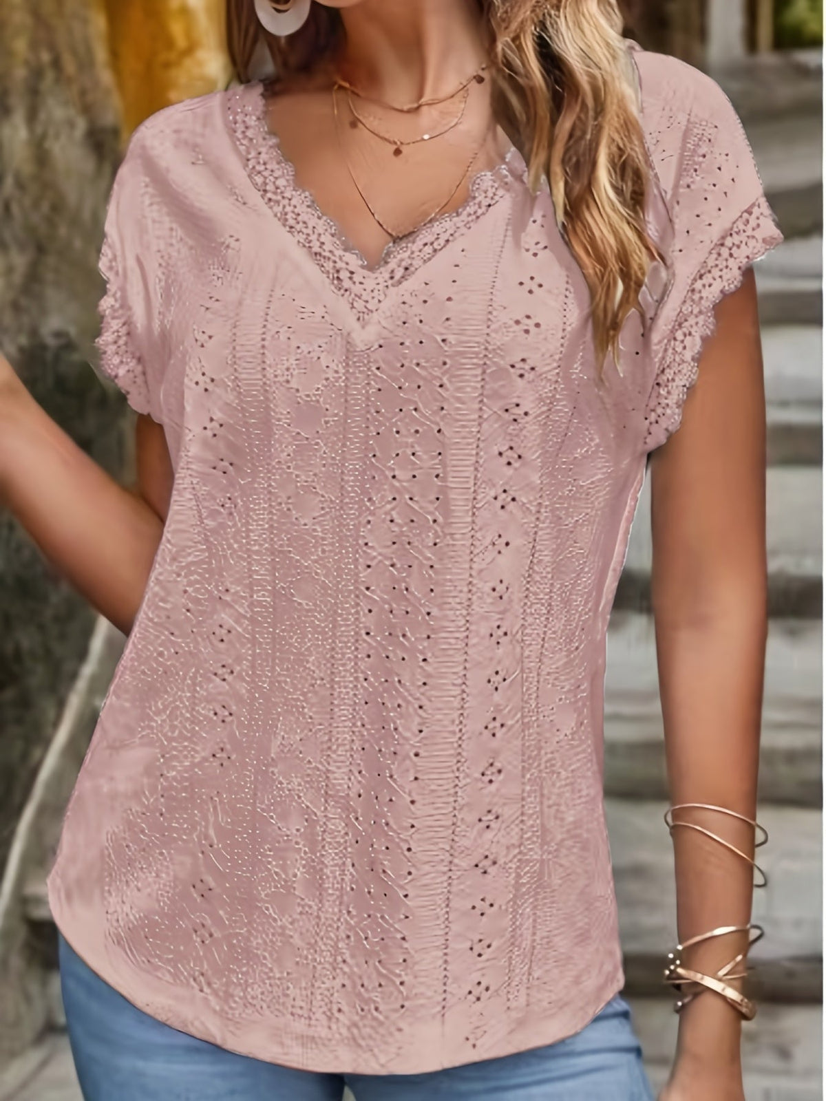 Elegant T-shirt, Women's Eyelet Embroidery Contrast Lace Trim V Neck Short Sleeve Slight Stretch T-shirt
