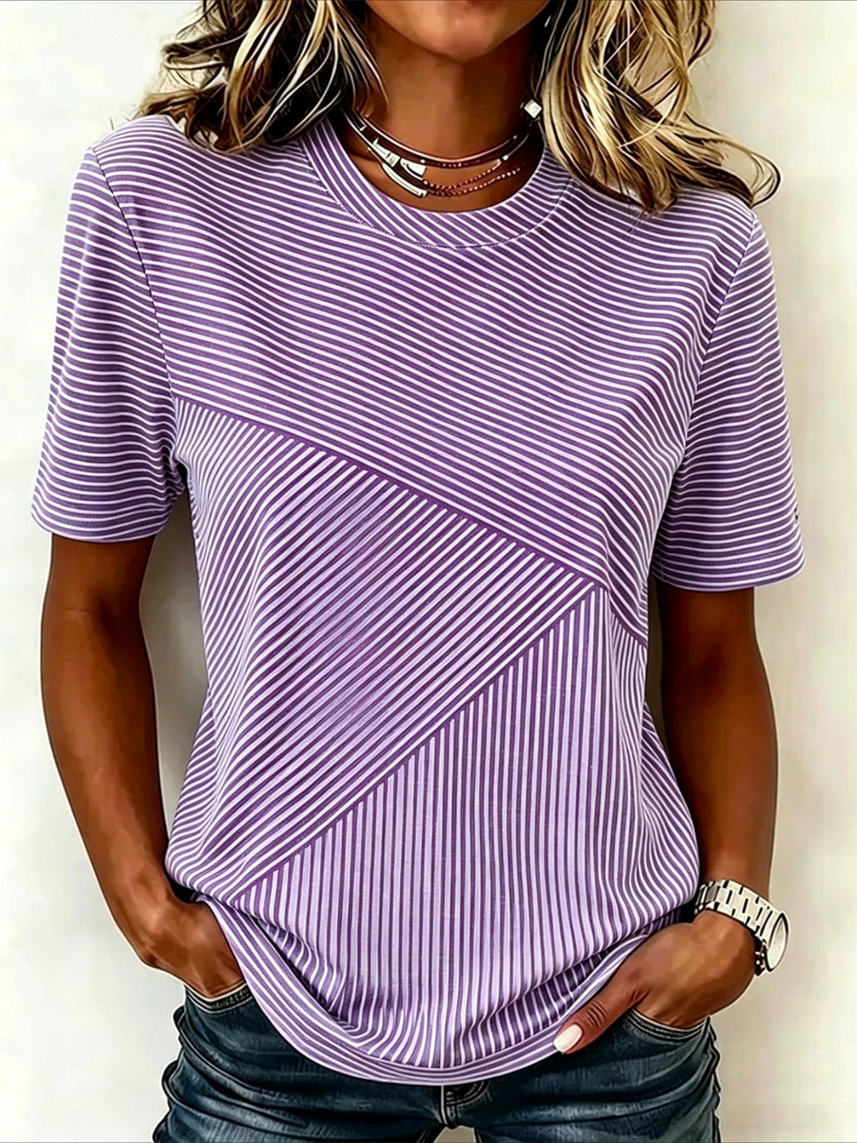 Stiped Crew Neck Short Sleeve Daily Going Out Casual T-Shirt