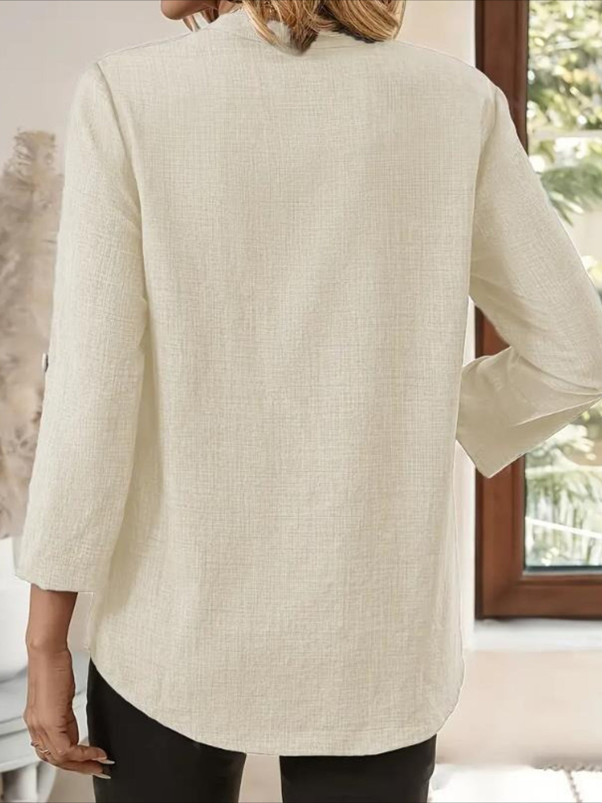 Three Quarter Sleeve Shirt Spring/Fall Apricot Plain Split Joint V Neck Daily Going Out Casual Top