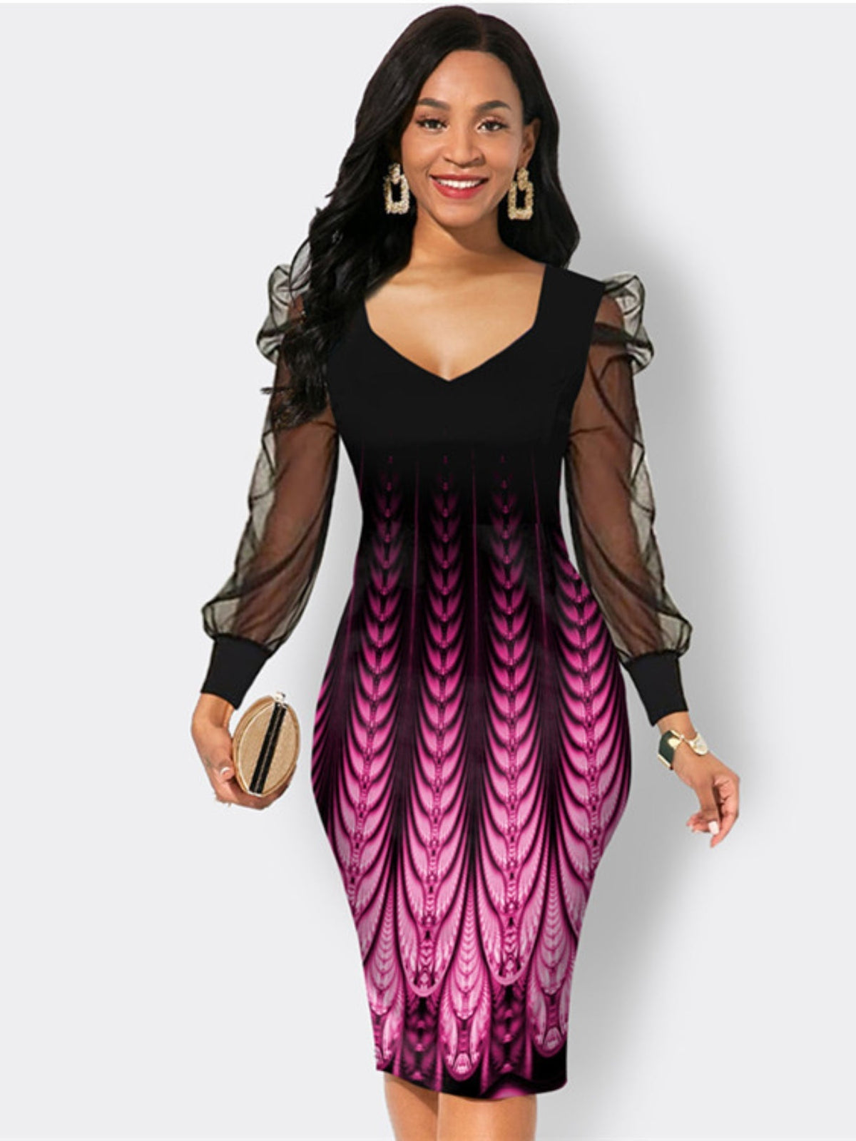 Butterfly Print Contrast Mesh Dress, Elegant Crew Neck Long Sleeve Dress