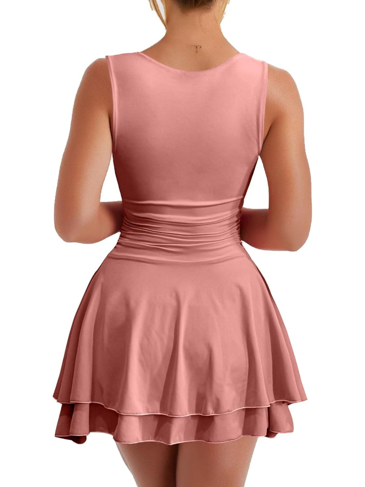 Solid Color Square Neck Ruffle Hem Ruched Waist Mini Dress