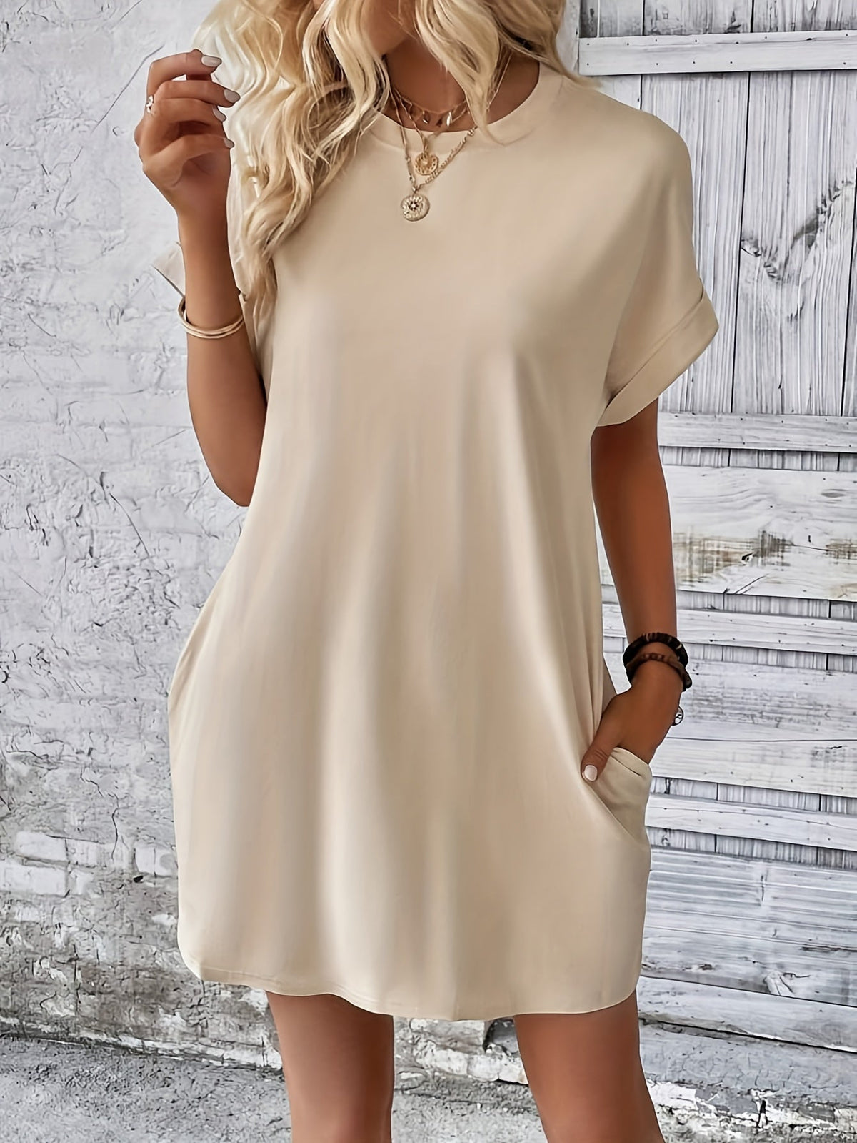 Crew Neck With Pocket Dress, Casual Short Sleeve Dress