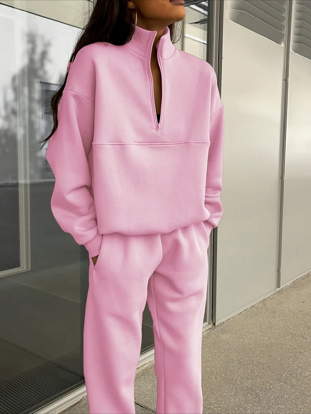 Cozy Fleece Zip-Up Top & Loose Pants Two-Piece Set