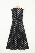 Black Polka Dot Print Contrast Trim V Neck Zip Up Sleeveless Dress