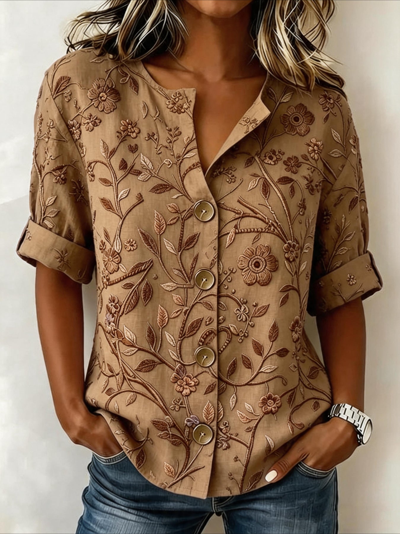 Floral Loose Stand Collar Simple Linen Blend Long Sleeve Shirt