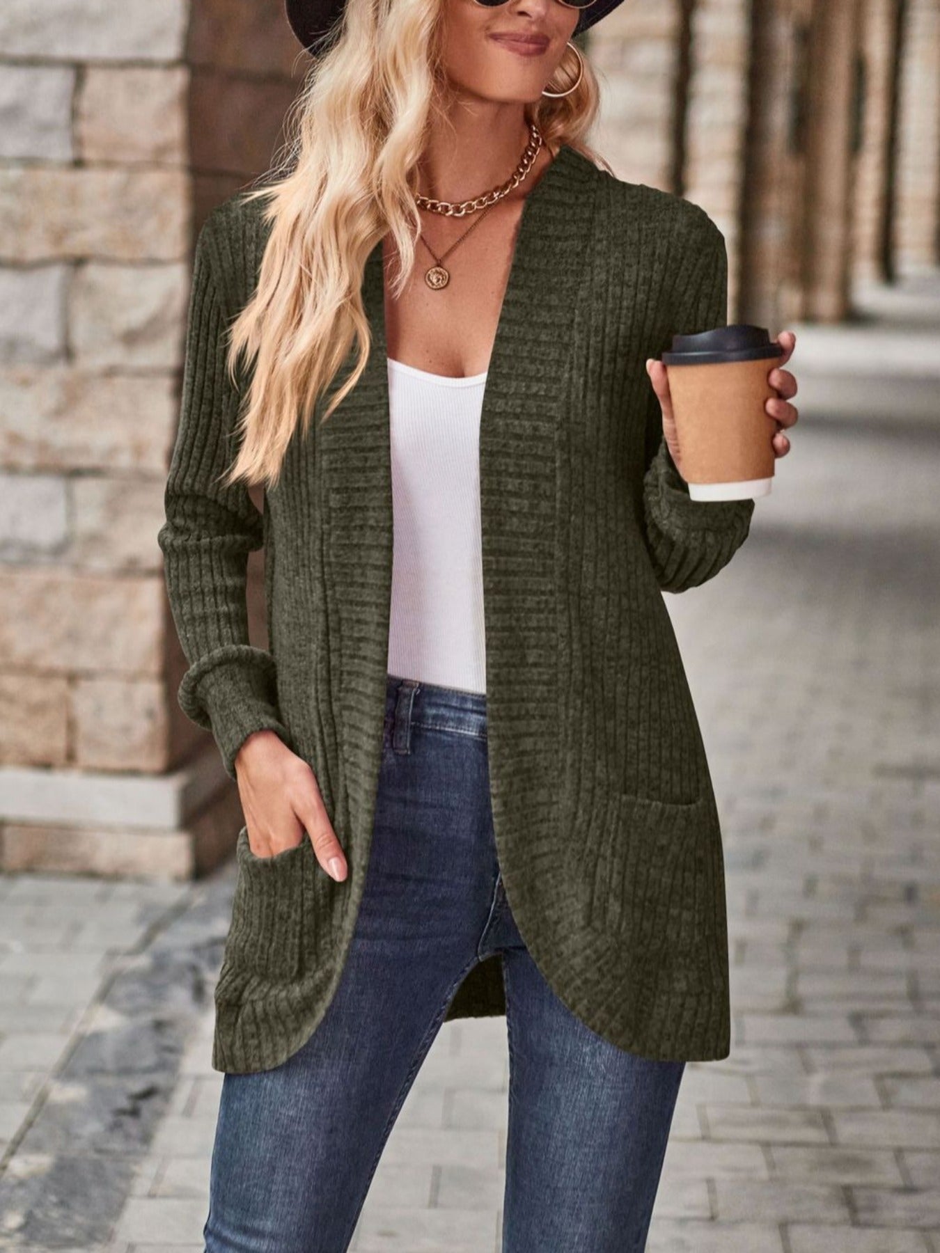 Loose Fit Long Sleeve Open Collar Casual Blouse with Side Pockets