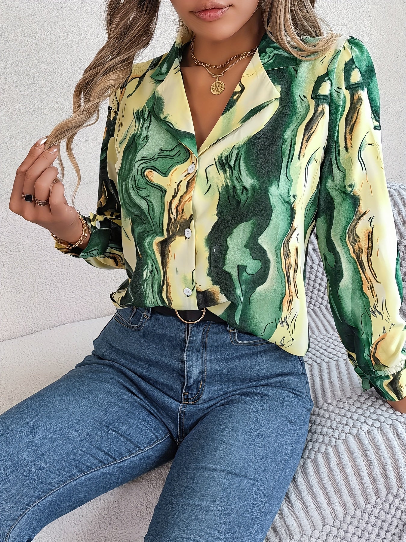 Graphic Print Button Front Shirt, Casual Long Sleeve Shirt