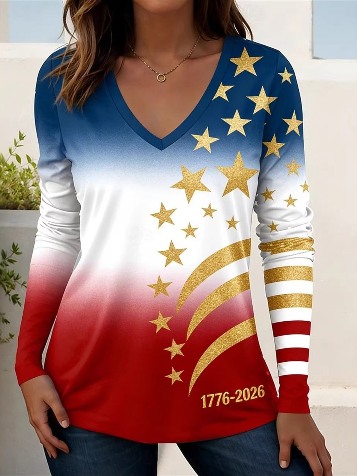 Casual Independence Day (Flag) V Neck Long Sleeve T-shirt