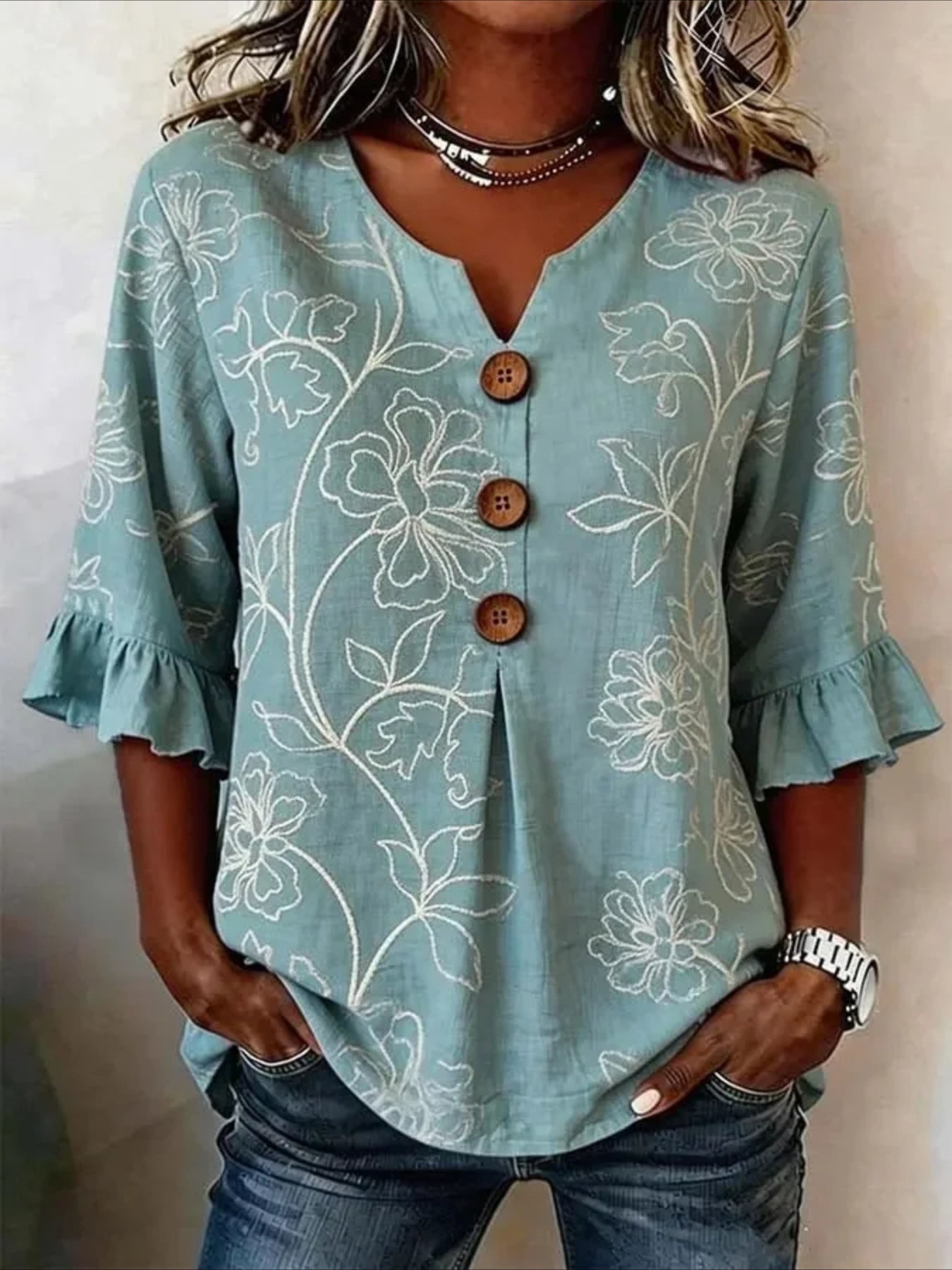 Floral V Neck Button Short Ruffle Sleeve Casual Top
