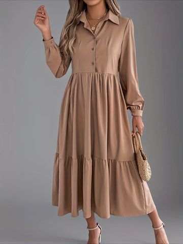 Elegant Solid Color Ruffle Hem Long Sleeve Lapel Collar Midi Dress