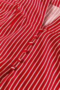 Red Stripe Ruffled Short Puff Sleeve Button Front Blouse