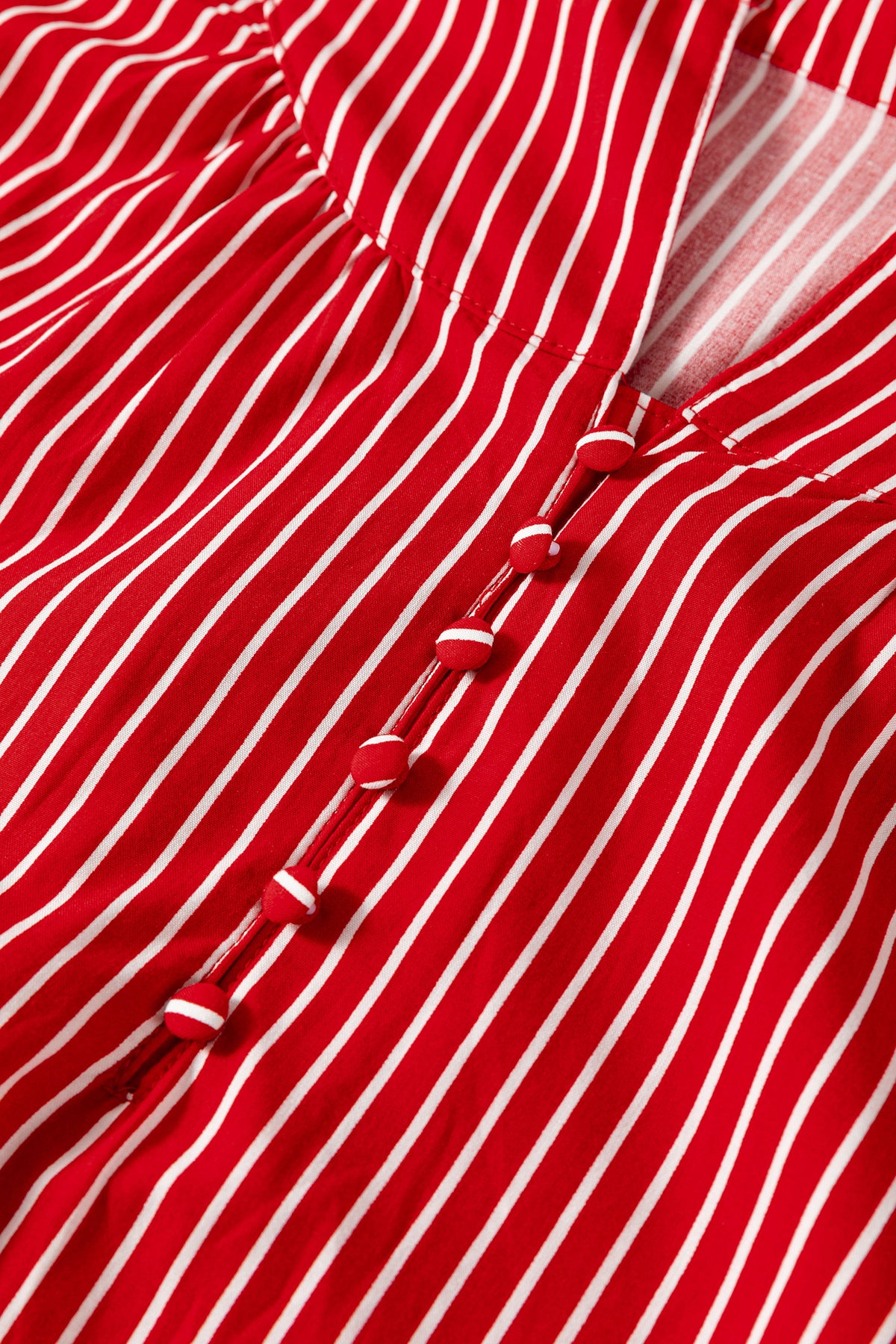 Red Stripe Ruffled Short Puff Sleeve Button Front Blouse