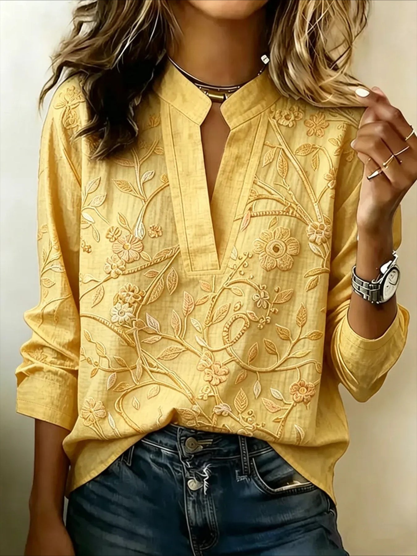 Vintage Floral Prints Stand Collar Casual Long Sleeve Blouse Shirt