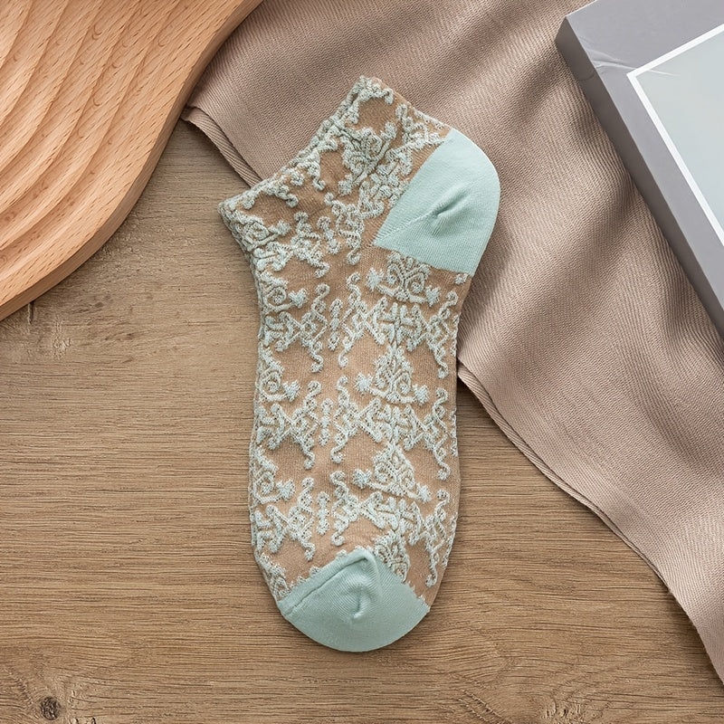 5 Pairs Vintage Court Style Short Socks, Cute Japanese Style Flower Geometric 3D Textured Low Cut Ankle Socks