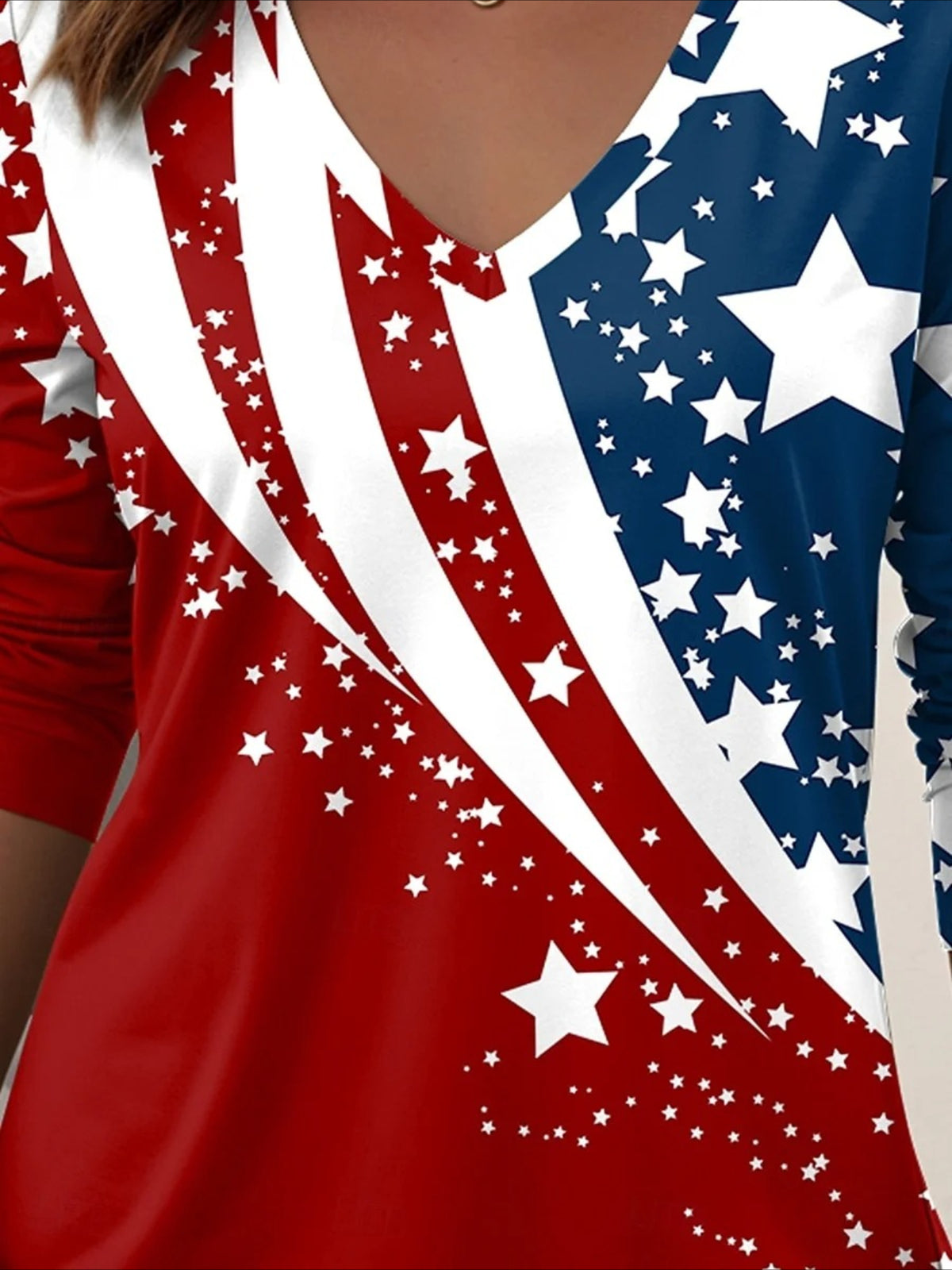 Casual Independence Day (Flag) V Neck Long Sleeve T-shirt