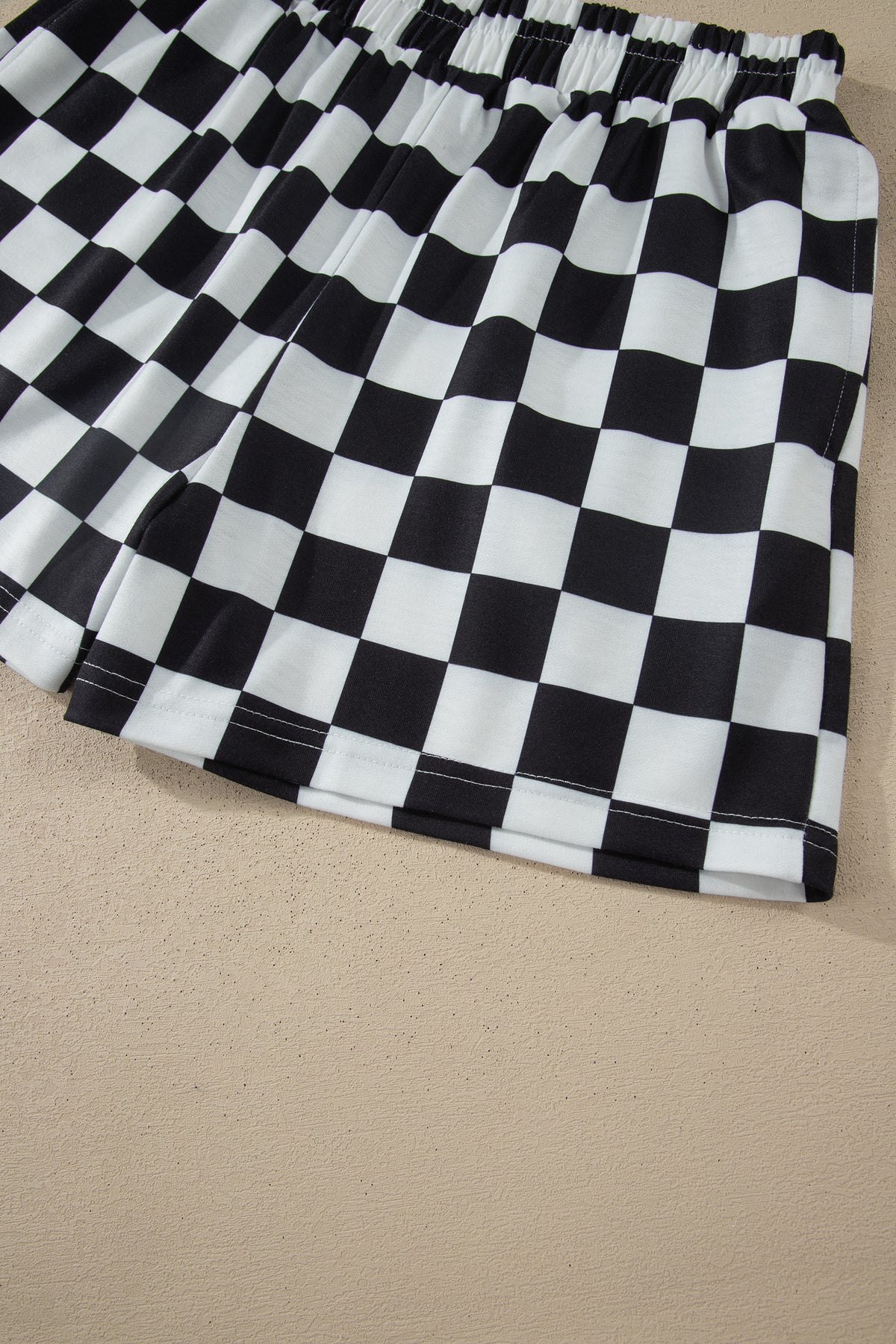 Black Checkered Print Color Block Trim Mock Neck Short Set